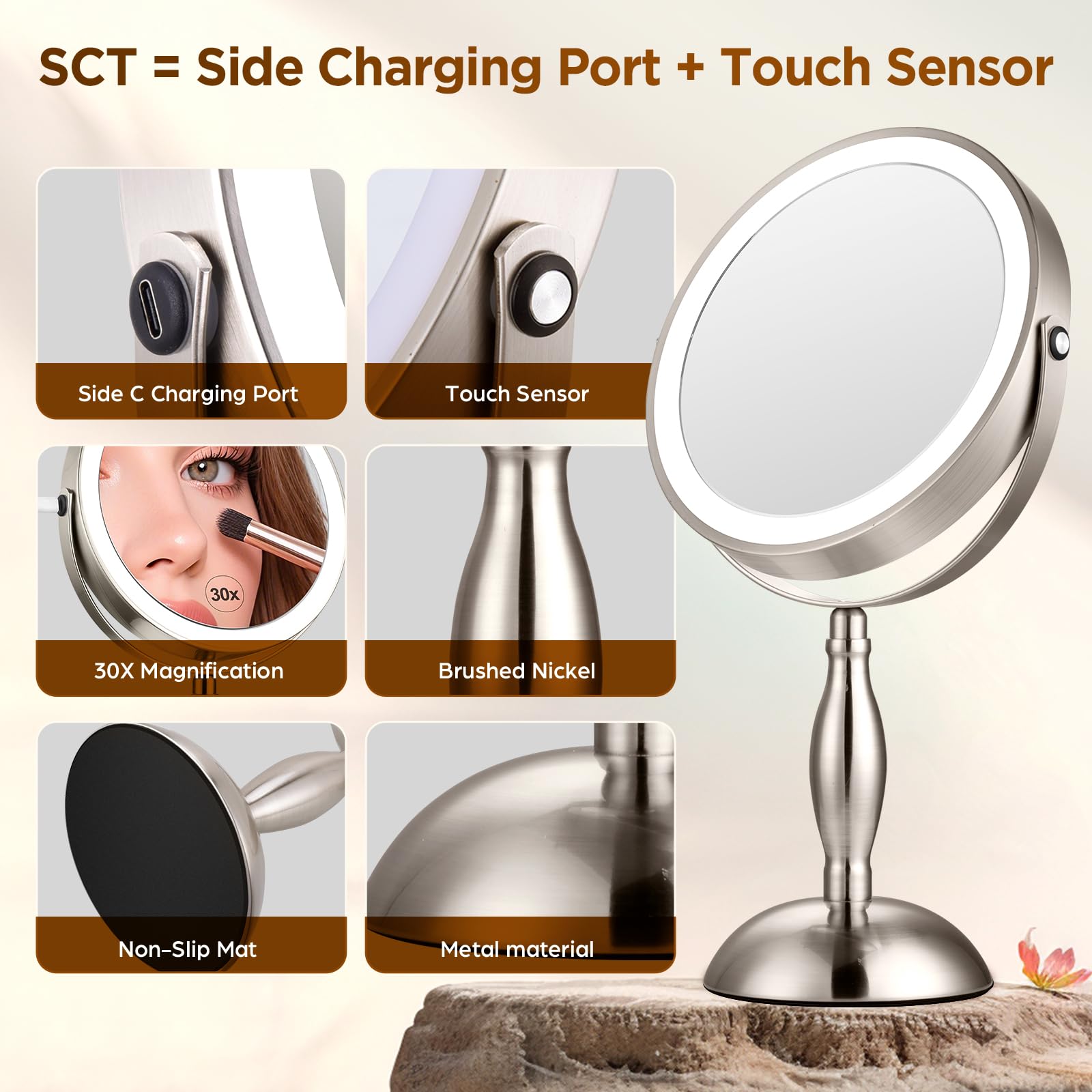 Makeup Mirror With Lighted, 30X Magnifying Mirror With 3 Lights Colors, Vanity Mirror Brushed Nickel - 360 Rotation, Brightness