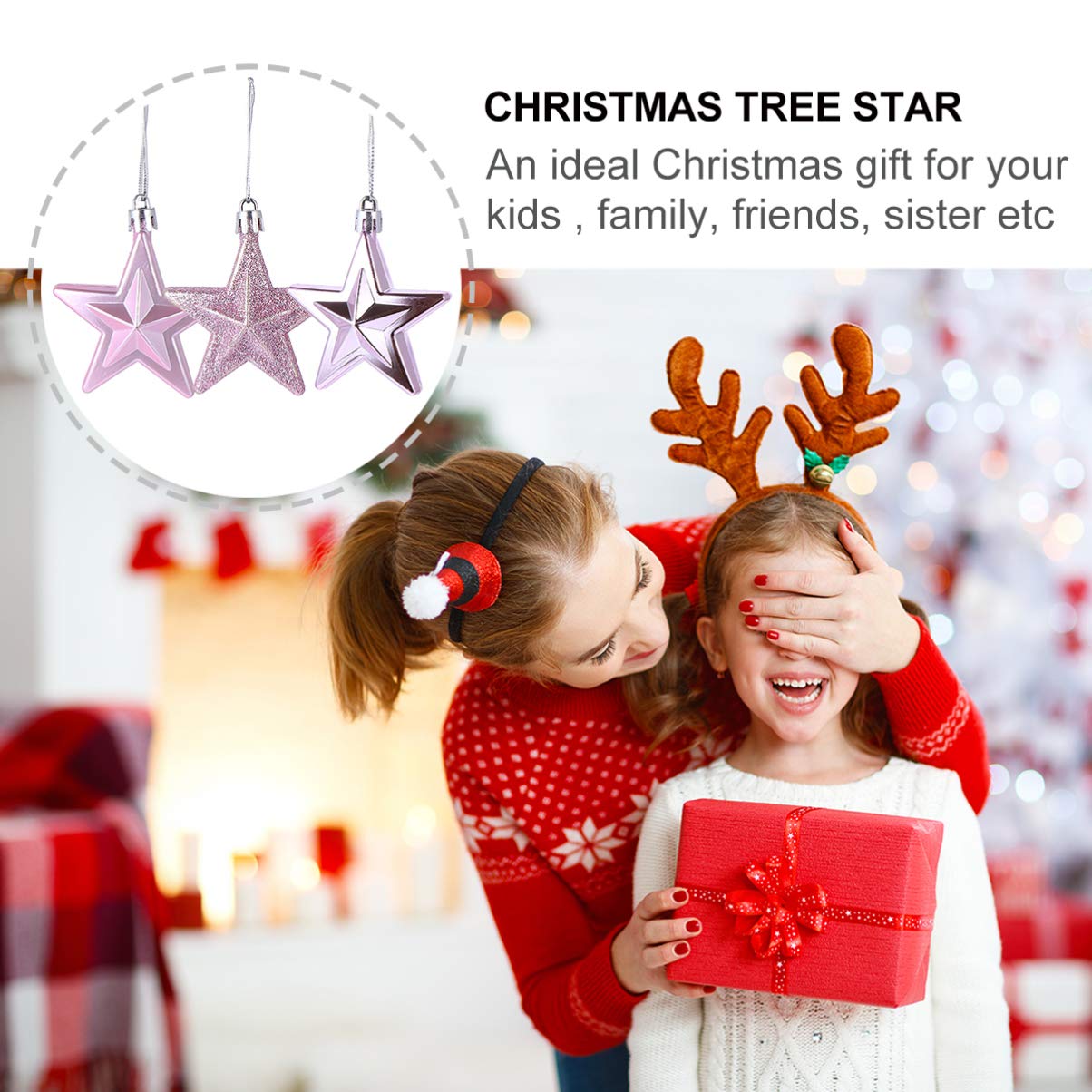 BESPORTBLE 18Pcs Pink Christmas Tree Star Ornaments - 2.75 Inch Glitter, Matte, Mirrored Hanging Decorations - Shatterproof Plas