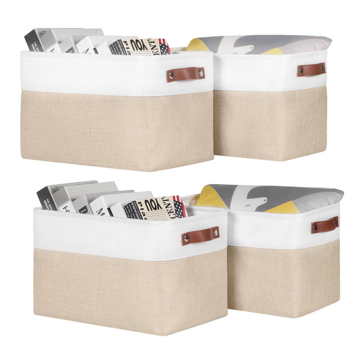 Univivi 15 Inch Foldable Fabric Storage Baskets 4Pc Rectangle Storage Bins With Pu Handles|Hard Bottom Large Organizer Basket Fo