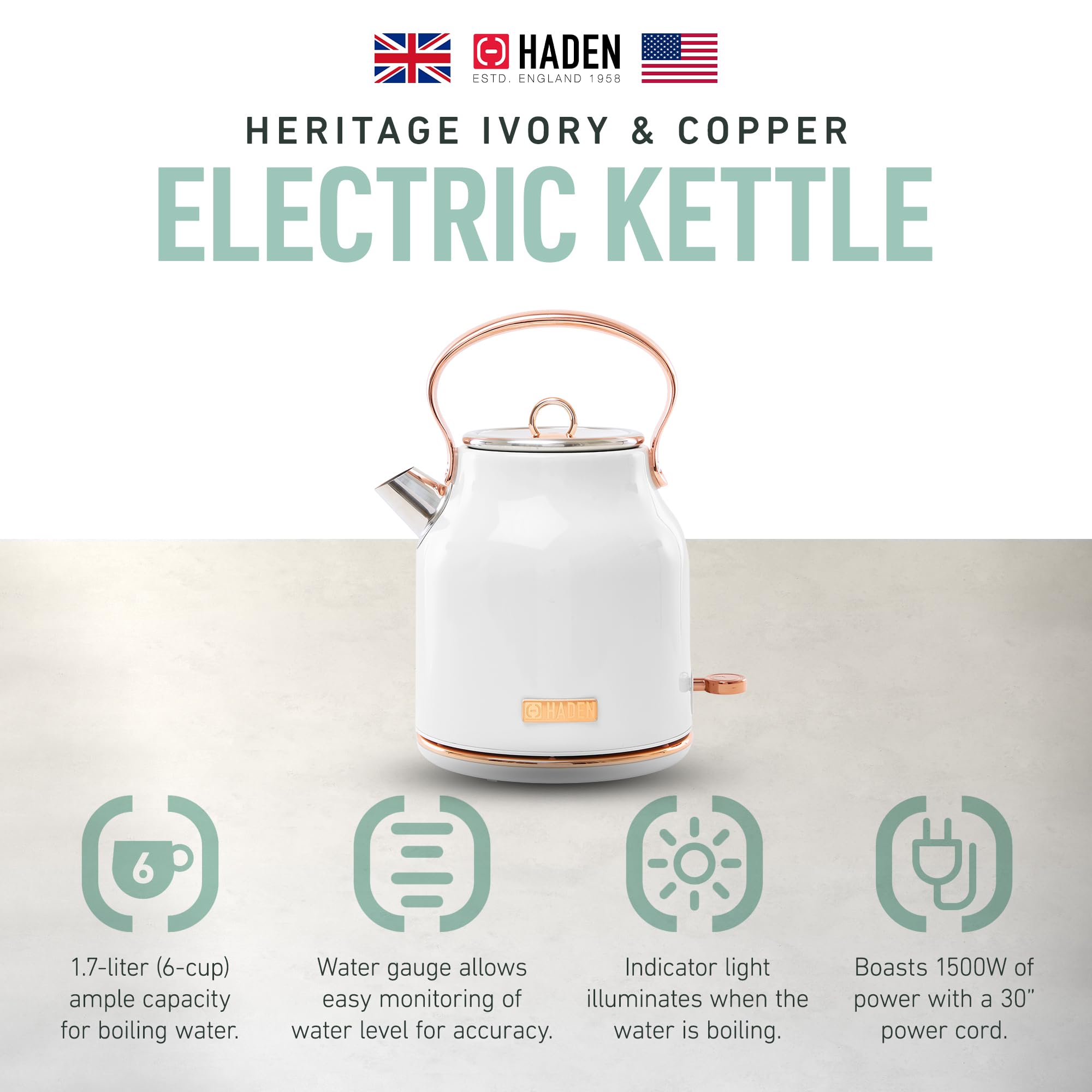 Haden 75089 Heritage 17 Liter Stainless Steel Body Countertop Retro Electric Kettle With Auto Shutoff & Dry Boil Protection (Ivo