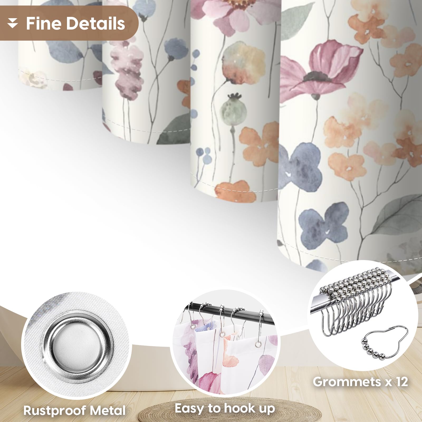 Amaredom Ink Floral Shower Curtain  Colorful Flower Shower Curtain for Bathroom  Waterproof Fabric Shower Curtain Set  Bathroom Decoration with 12 Hooks 72x72 Inches