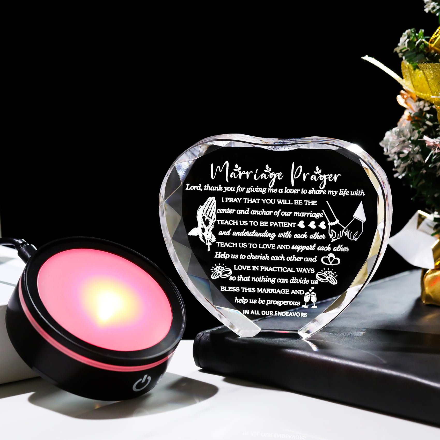 YWHL Wedding Gifts for Couples Crystal Heart Anniversary Marriage Prayer Plaque with Colorful LED Base Wedding Gift with Inspiri