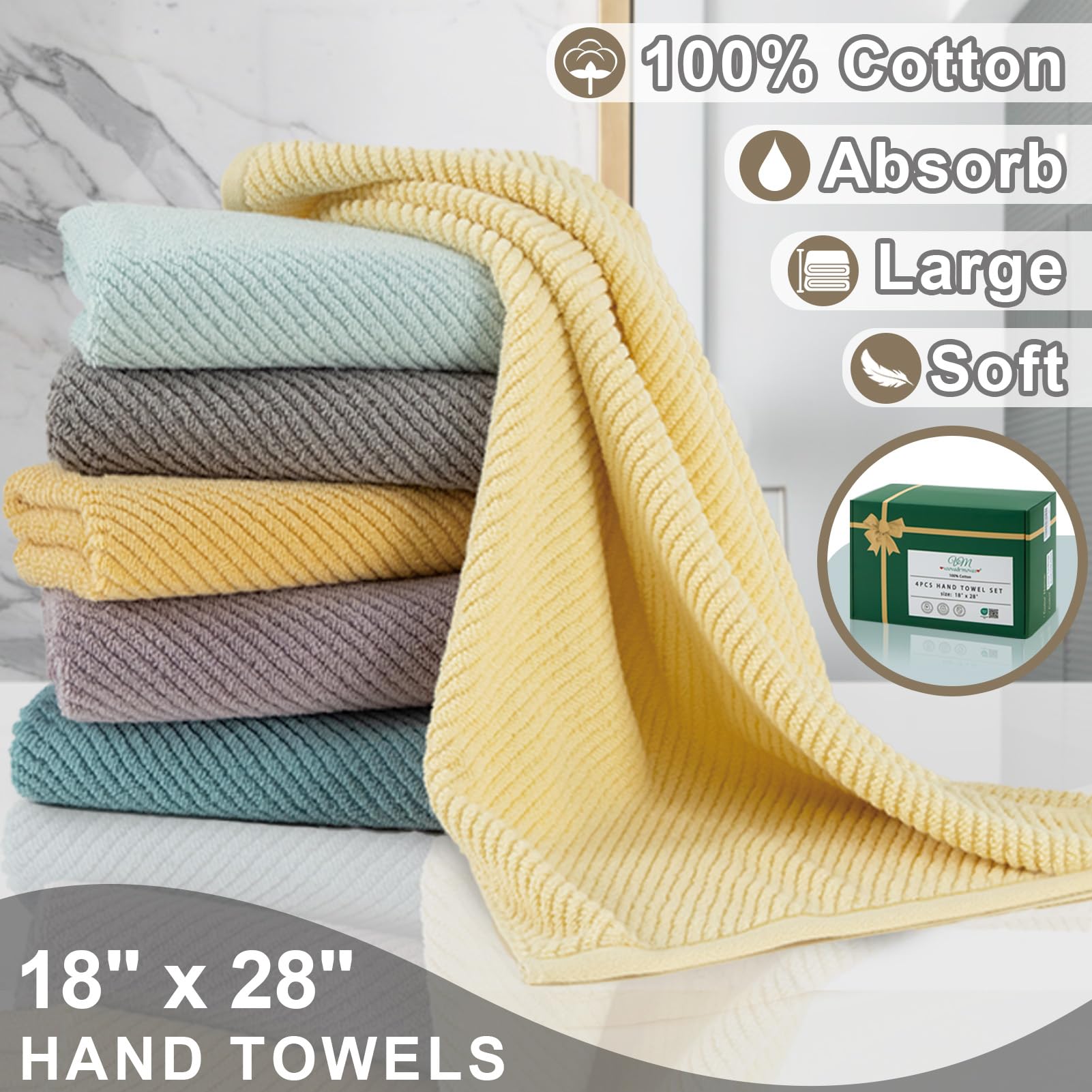 Voova & Movas Hand Towels For Bathroom Set Of 4, Large 18''X 28'' - 100% Cotton | Lightweight | Thick | Quick Dry | Soft | Absor