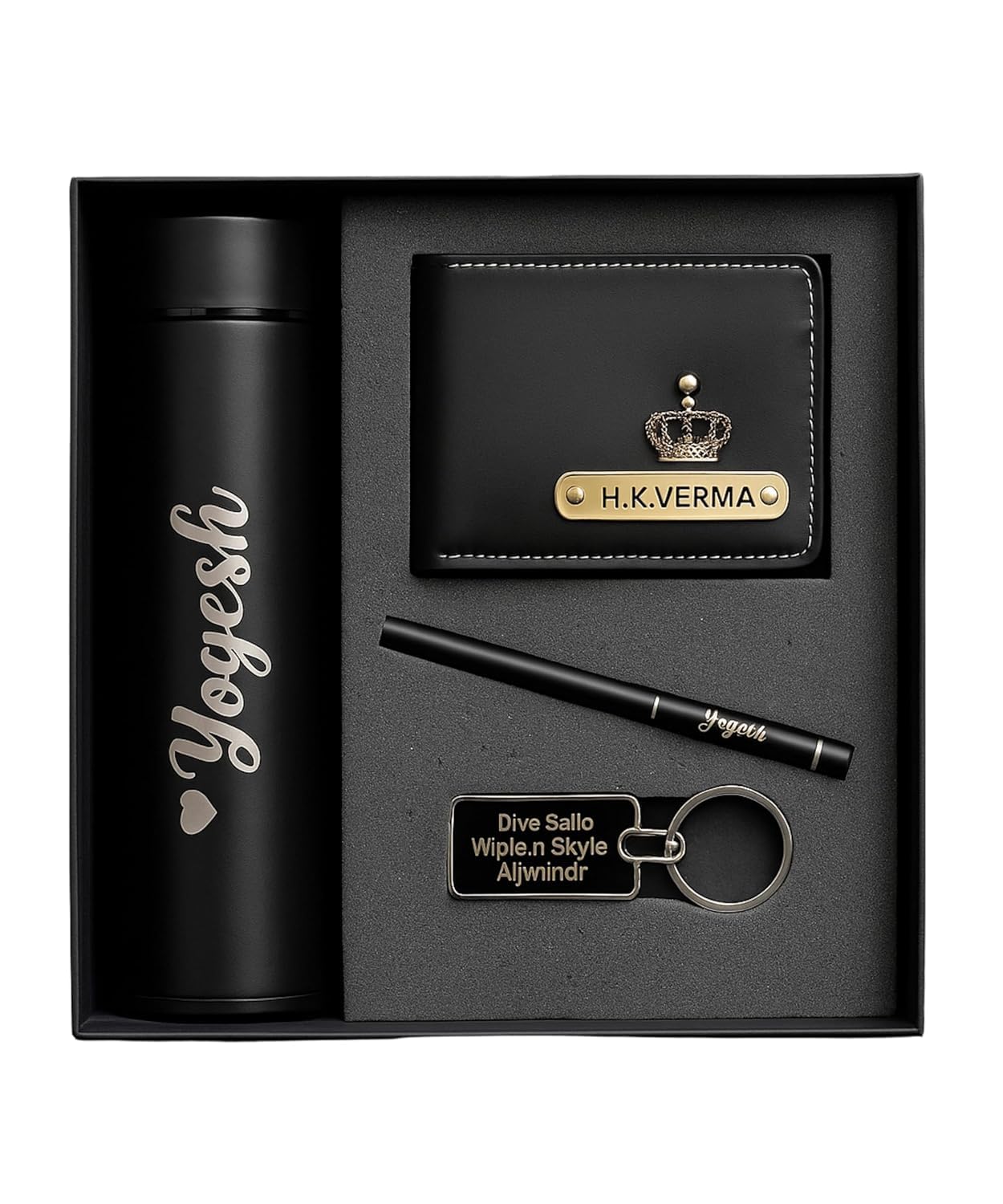Saanvi Crafts Name Customized 4 In 1 Engraved Steel Bottle With Wallet, Pen And Metal Keychain For Office  School, Personalized