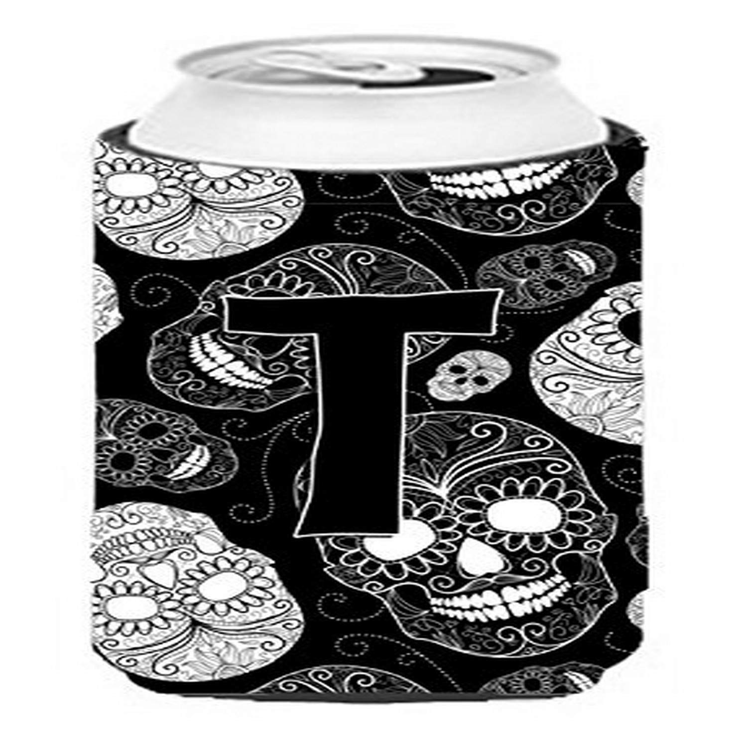 Letter T Day of the Dead Skulls Black Tall Boy Beverage Insulator Hugger CJ2008-TTBC