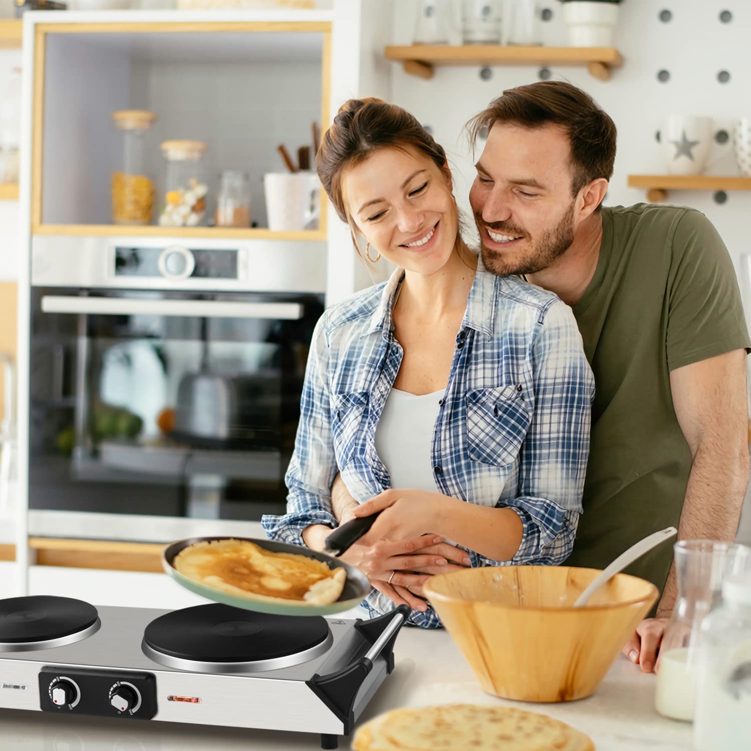 Hot Plate  Techwood Doubel Burner for Cooking  1800W Countertop Electric Stoves with Adjustable Temperature & Stay Cool Handles  Dual Cooktop for RV/Home/Camp  Upgraded Version Stainless Steel  Silver