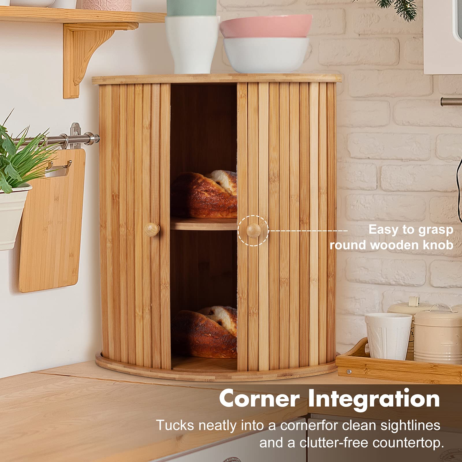 Bamboo Bread Box For Kitchen Countertop Tomkid Farmhouse Corner Bread Box 2 Layer Bread Storage Container, Extra Large Bread Box