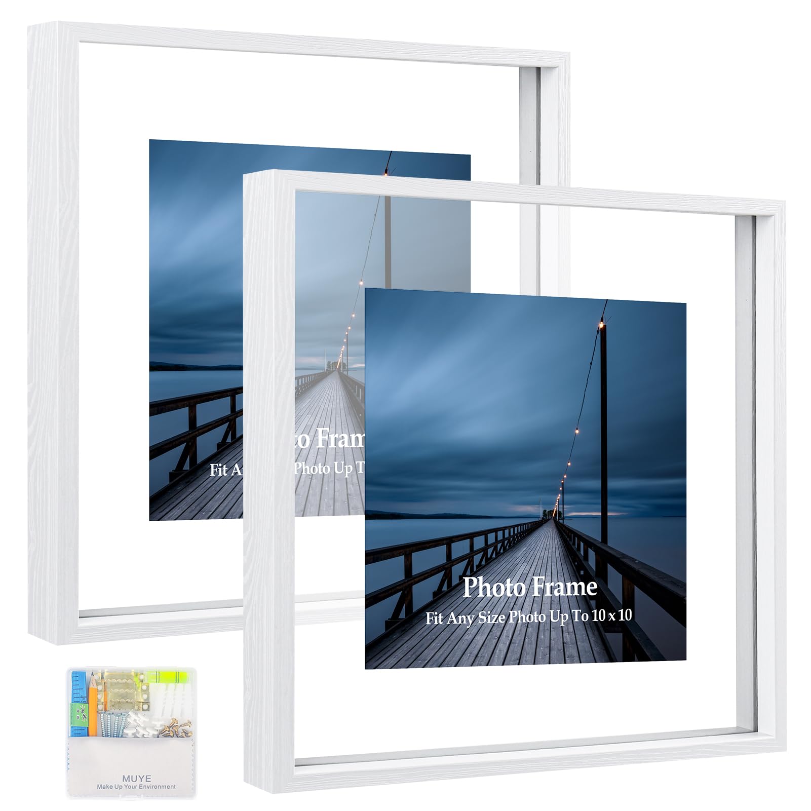 MUYE 10x10 Floating Frame Set of 2,Double Real Glass Square Photo Frame,Display Any Size Photo up to 10x10,Wall Mount or Tableto
