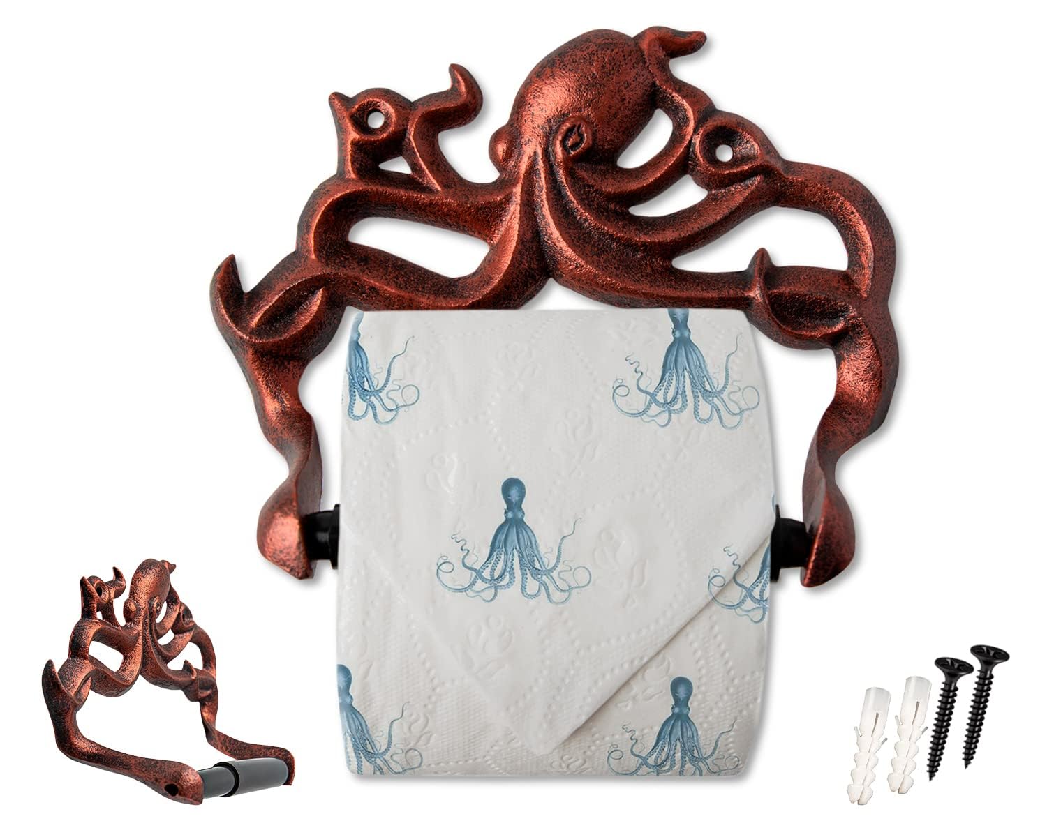 Decorative Cast Iron Octopus Toilet Paper Roll Holder - Wall Mounted Octopus Decor for Bathroom - Kraken, Nautical Bathroom Acce