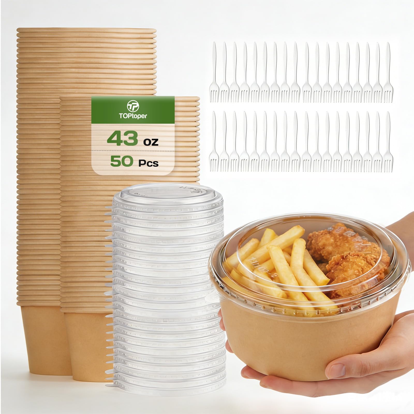 TOPtoper 43Oz 50Pcs Paper Bowls with Lids and Forks | Heavy Duty, Kraft Paper, SoakProof, For Hot/Cold Food, Disposable Meal Pr