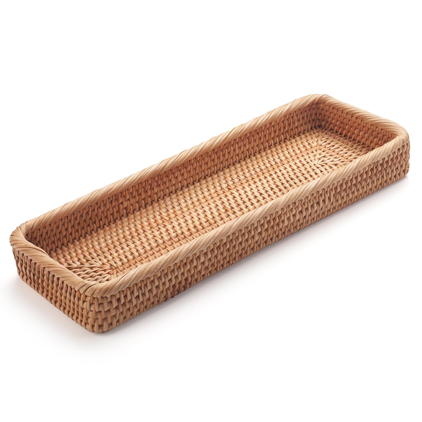 Rattan Bathroom Vanity Trays Toilet Tank Baskets Long Narrow Hand Towel Storage Basket For Storage, Decorative (Natural 16.3 X 6