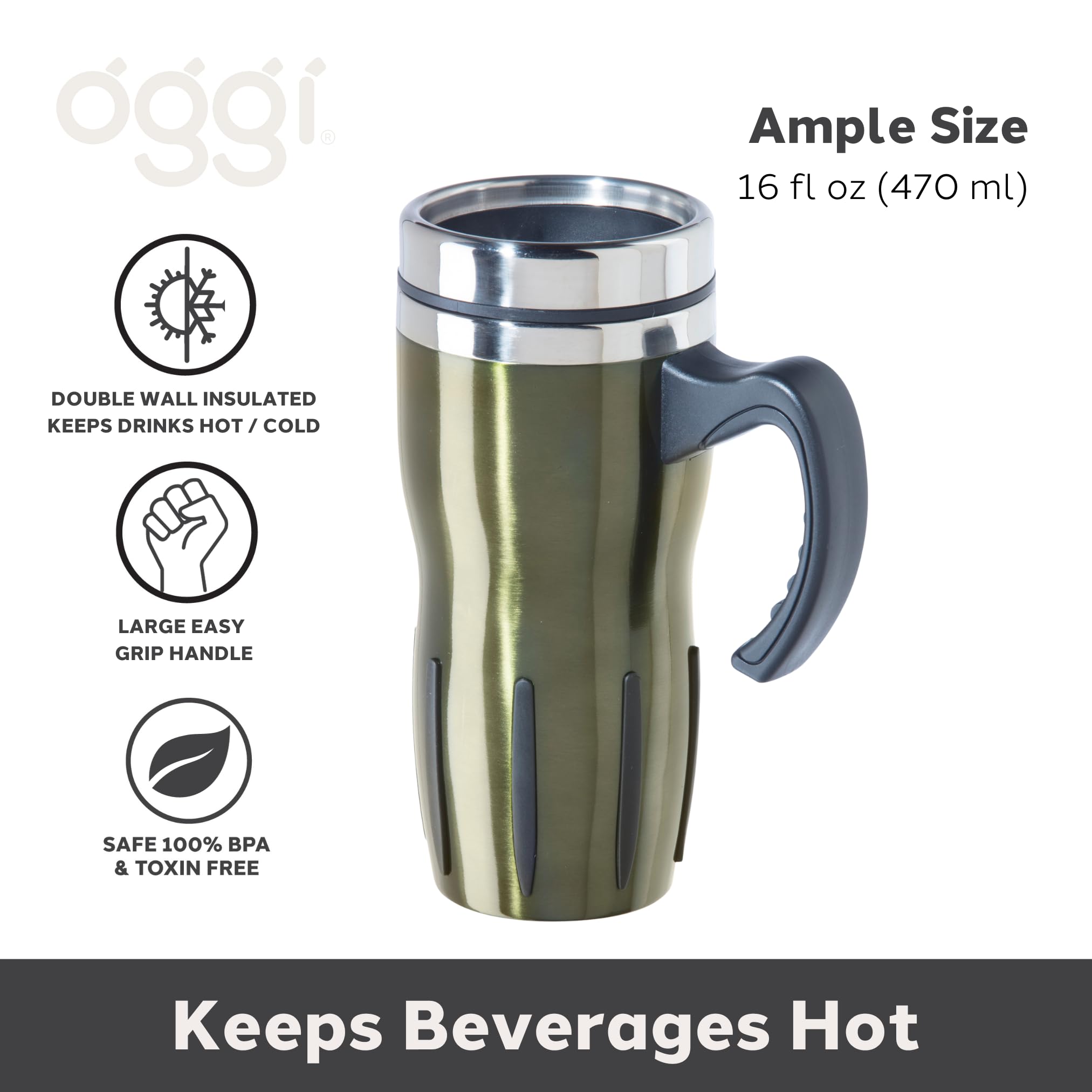 Oggi Multigrip Stainless Steel Thermal Travel Mug - Olive, 16Oz, With Slide Open Lid For Hot And Cold Beverages.