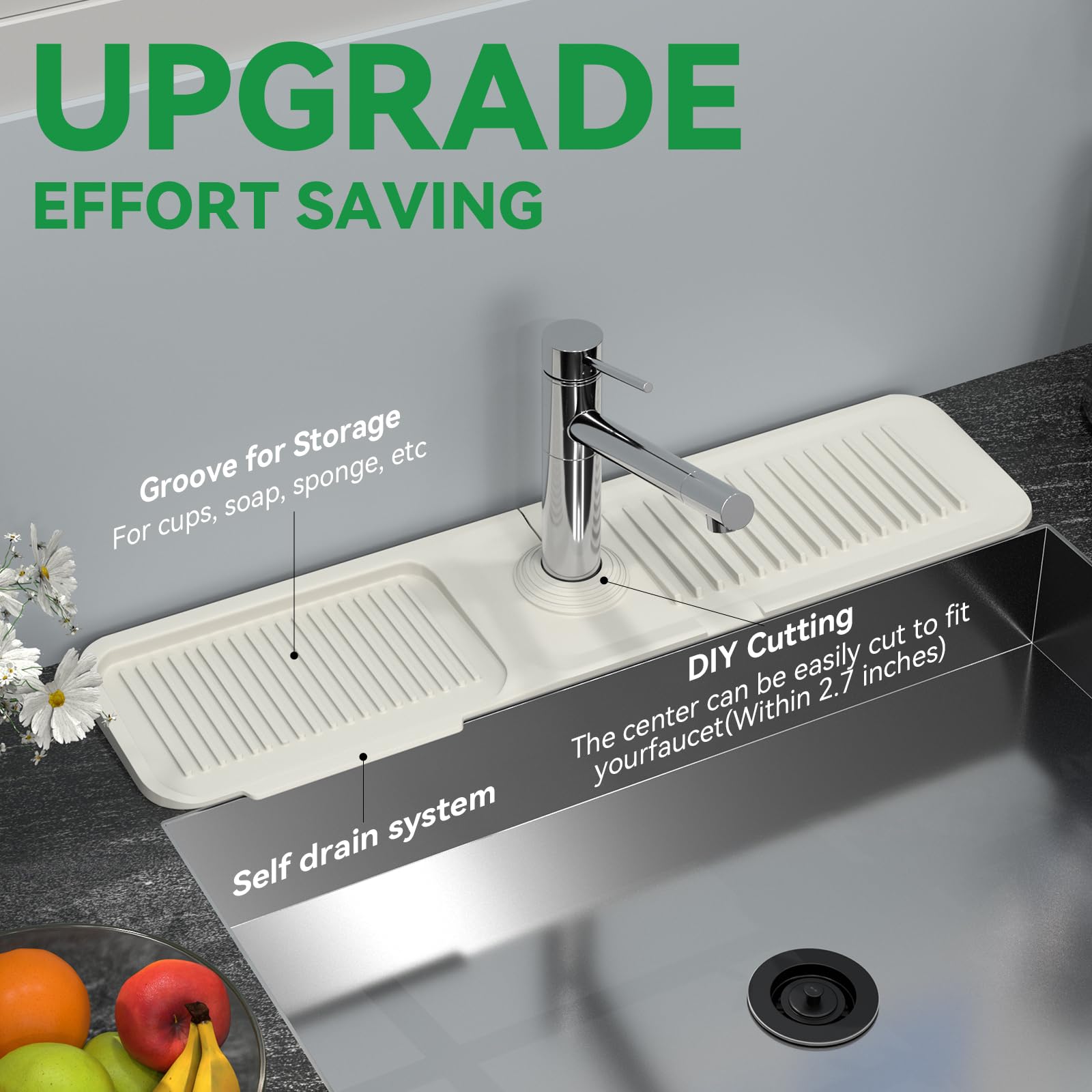 Kitchen Sink Splash Guard Behind Faucet 24 X 5.5 Inch, Toovem Faucet Handle Drip Catcher Tray, Longer Silicone Sink Faucet Mat,