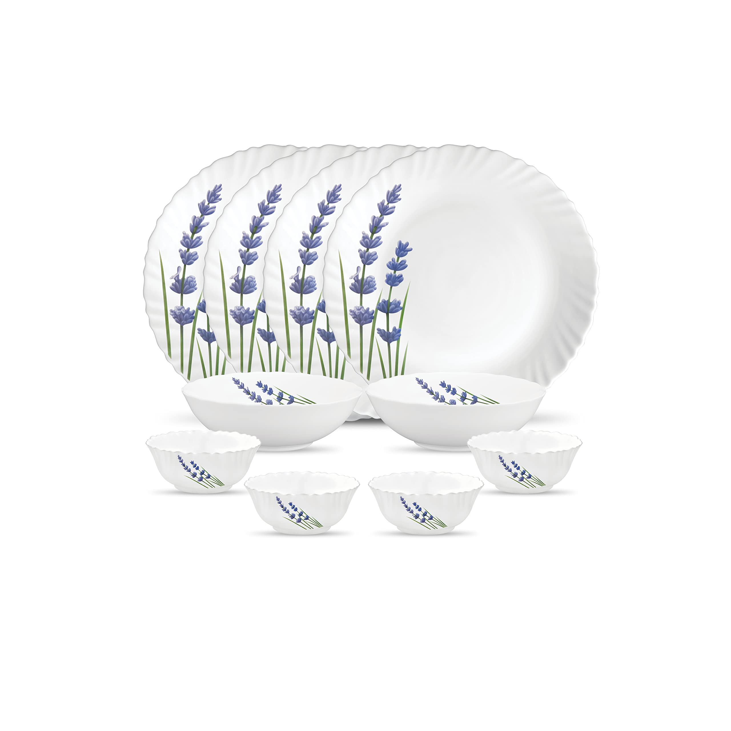 La Opala Novo Collection Opal Glass Crockery | For Family Of 4 | Dinner Set 10 Pcs English Lavender | Plates & Bowls For Dining 