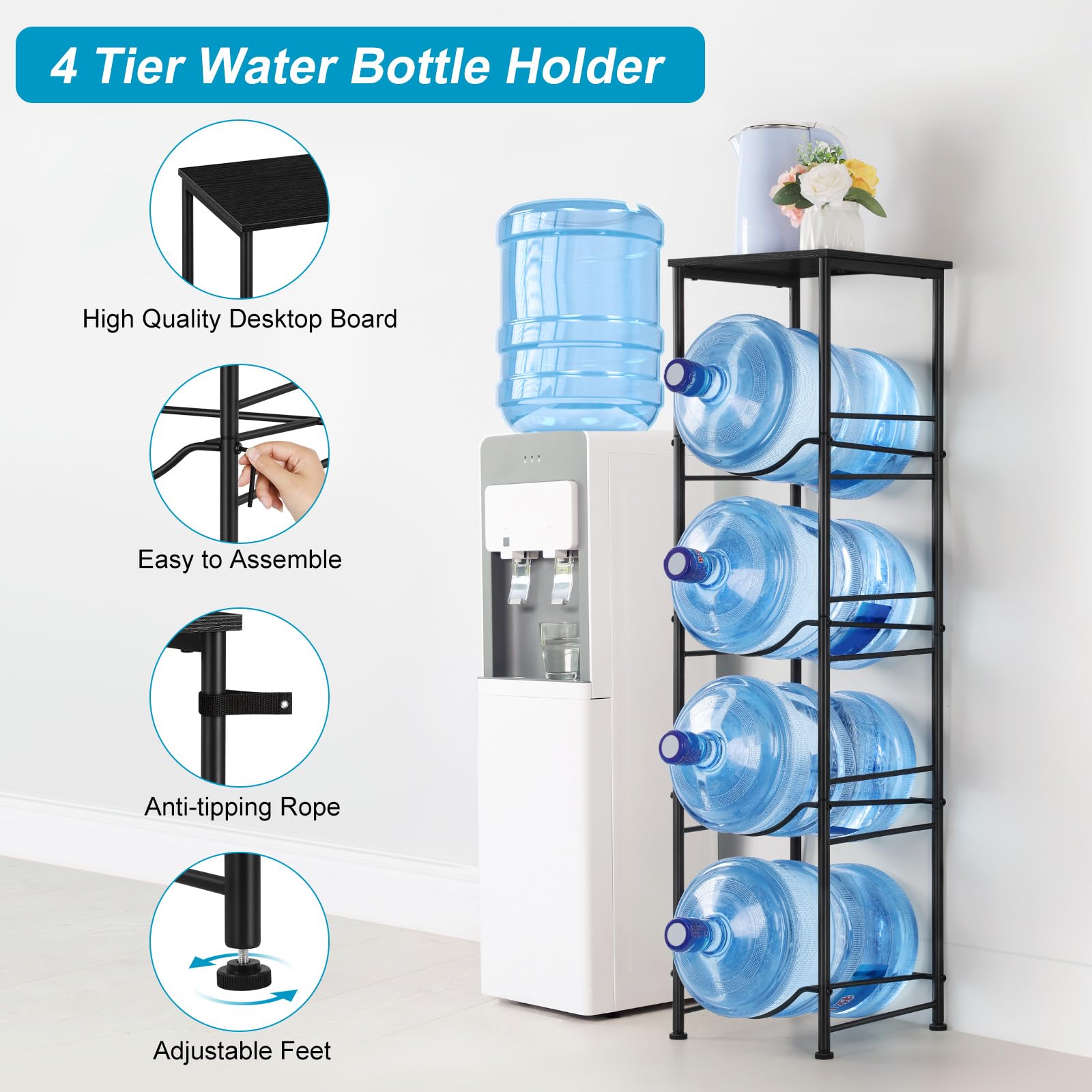 Eteli 5 Gallon Water Jug Holder 4 Tier Gallon Water Bottle Holder With Storage Shelve Water Cooler Jug Rack Stand For 5 Gallon W