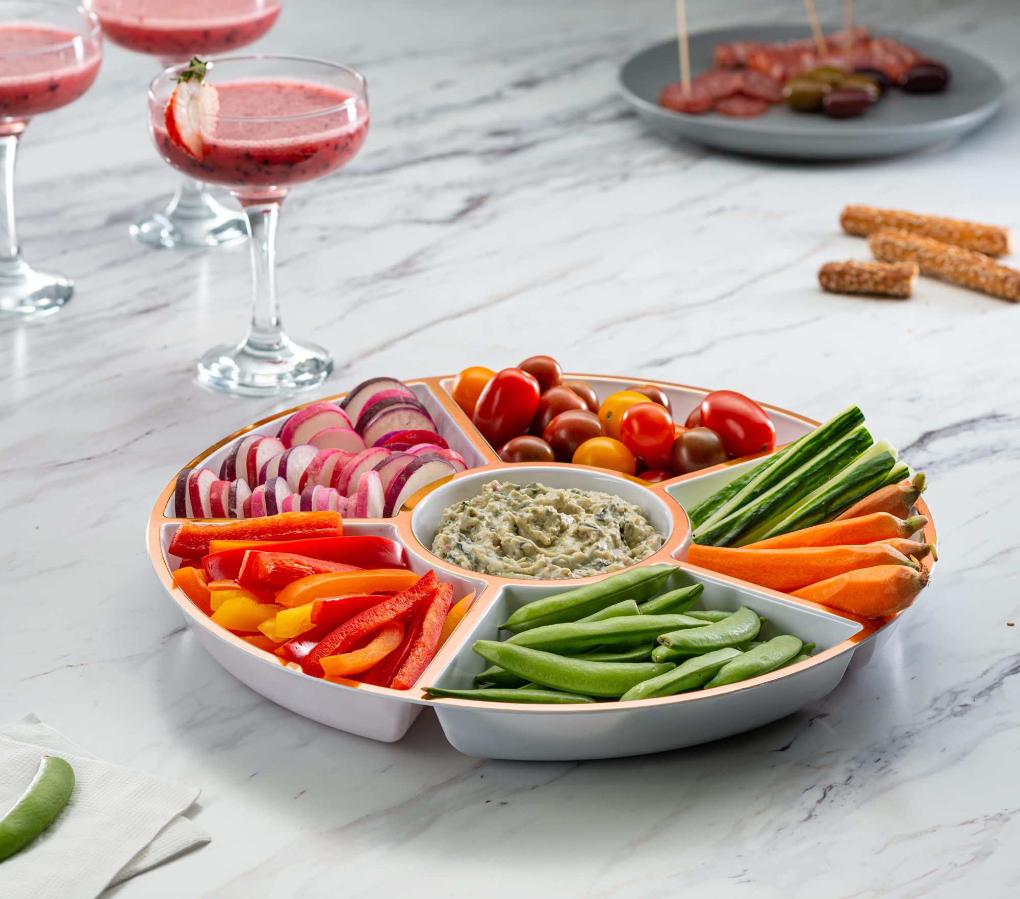 Plasticpro 6 Sectional Round Plastic Serving Trayplatter (2, White & Rose Gold)