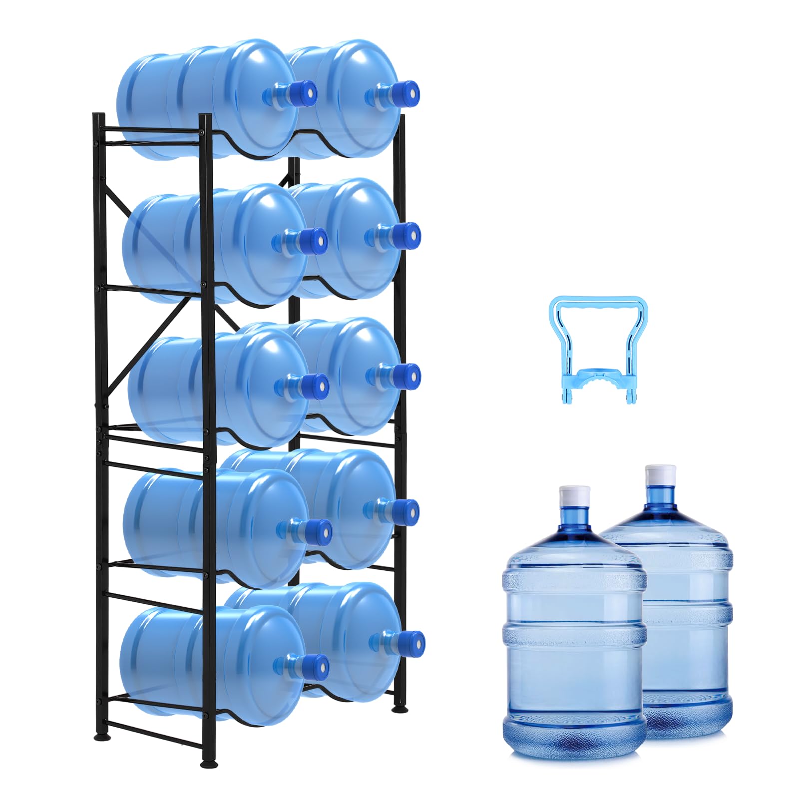 5 Gallon Water Bottle Holder for 10 Bottles, 5 Tier Double Row Water Jug Rack with Detachable Heavy Duty Metal Frame, Space Savi