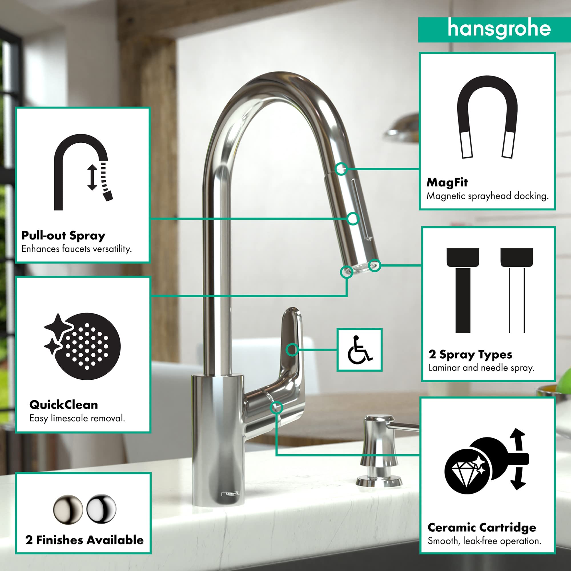 Hansgrohe Focus Gold High Arc Kitchen Faucet, Kitchen Faucets With Pull Down Sprayer, Faucet For Kitchen Sink, Magnetic Docking