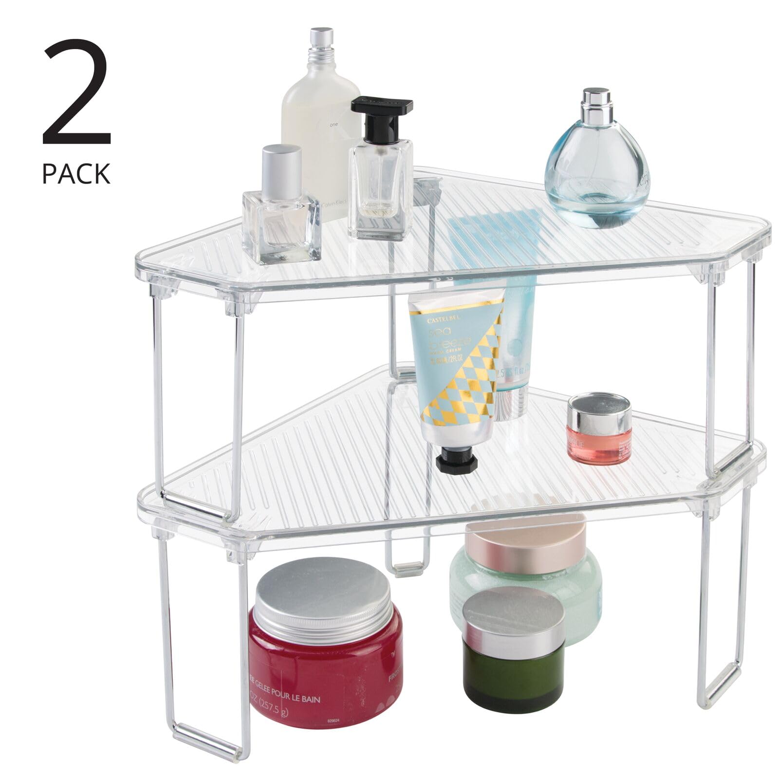 mDesign Plastic/Steel Corner Stackable Rack  Storage Organizer Shelf for Bathroom  Vanity  Countertop  Sink  Cabinet  Holds Makeup  Shower Accessories  Ligne Collection - 2 Pack - Clear