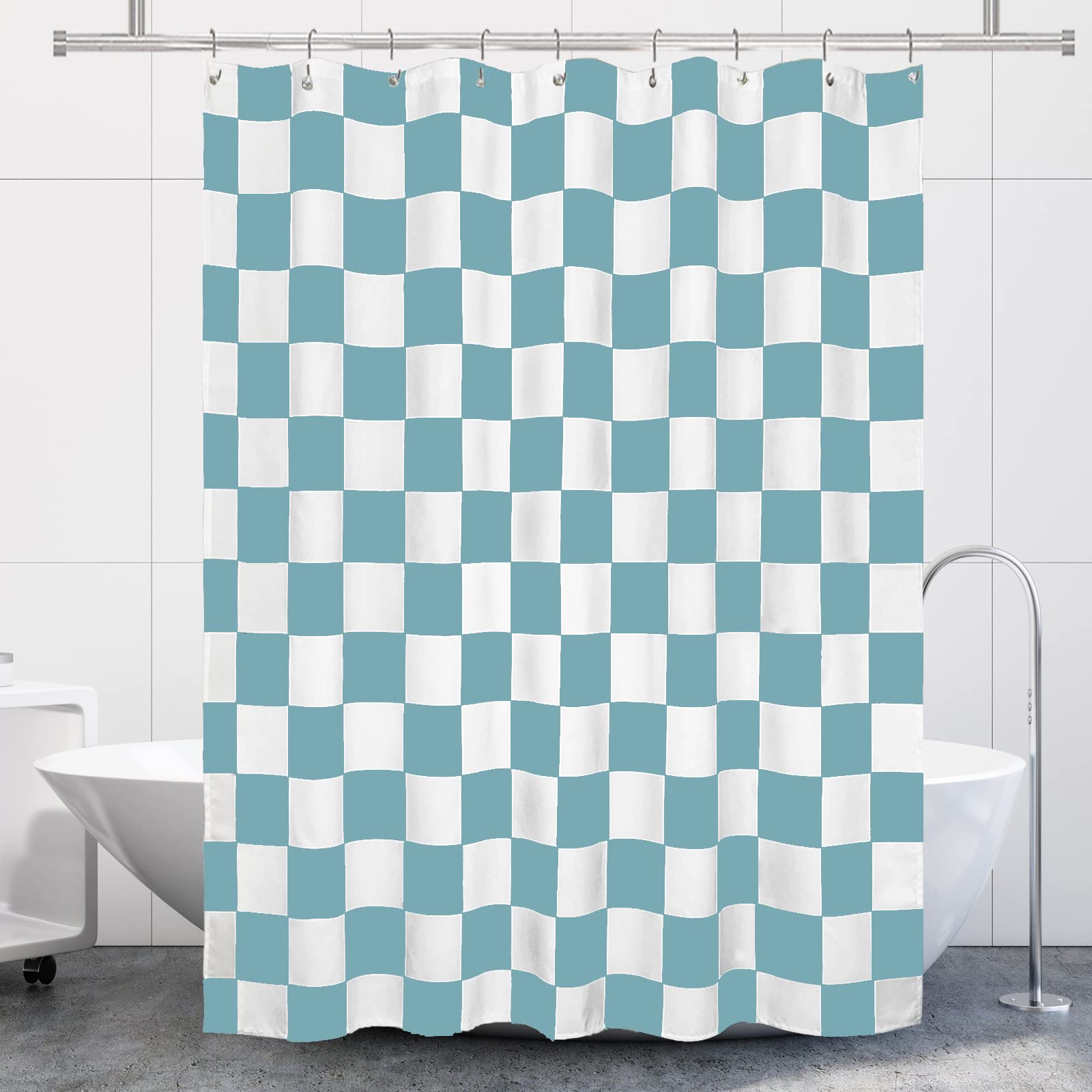 Tititex Aesthetic Checkerboard Grid Pattern Shower Curtain, White Sky Blue Modern Shower Curtain Sets Decoration 71X71 Inch With