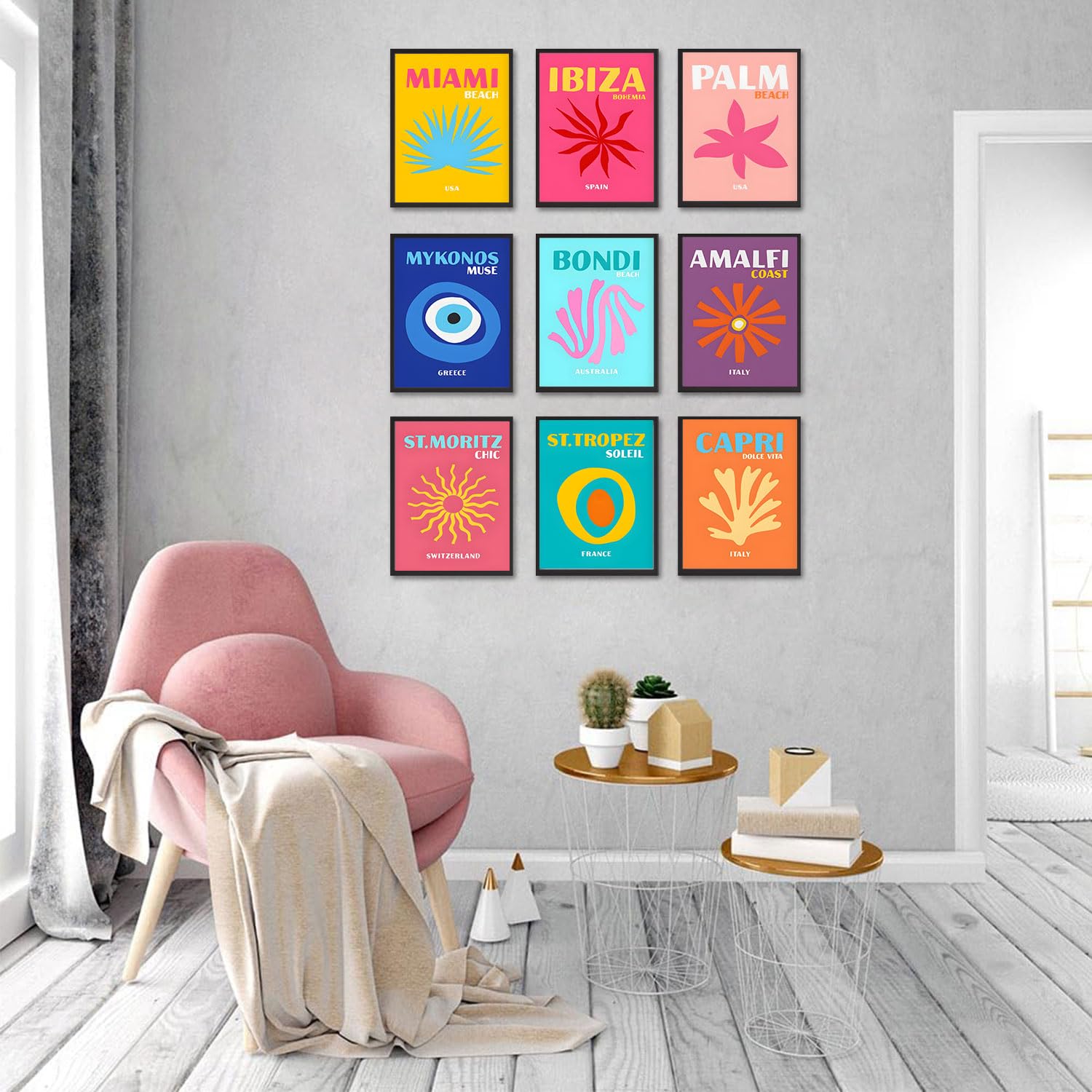 Loartve 9Pcs Preppy Travel Wall Art Prints Colorful Abstract Aesthetic Room Decor Pictures Trendy Canvas Posters For Teen Girls