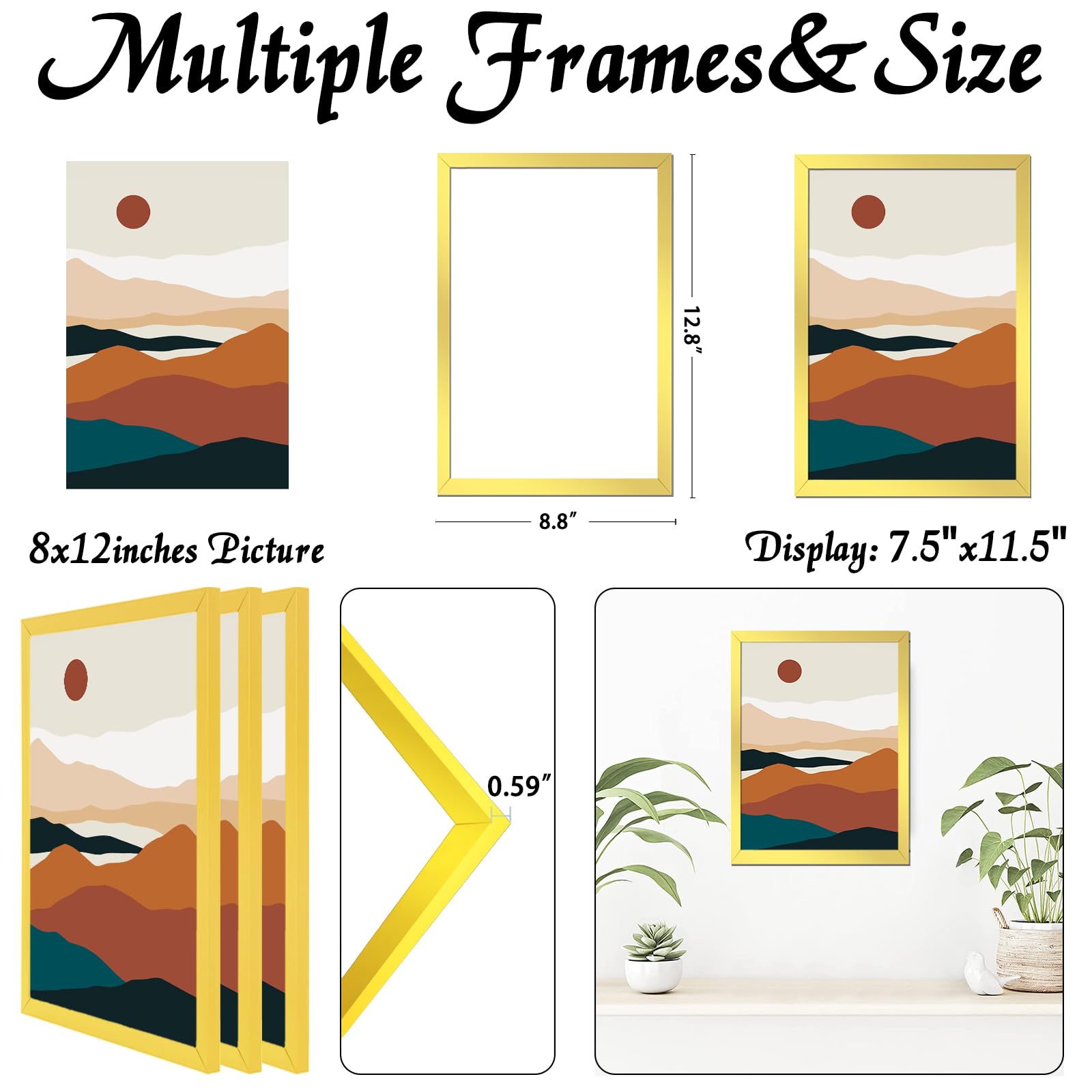 ijuerybai Gold 8x12 Picture Frame Set of 3, High Transparent Frame for 8 By 12 Photo Collage Canvas Poster Size Wall Mount and T