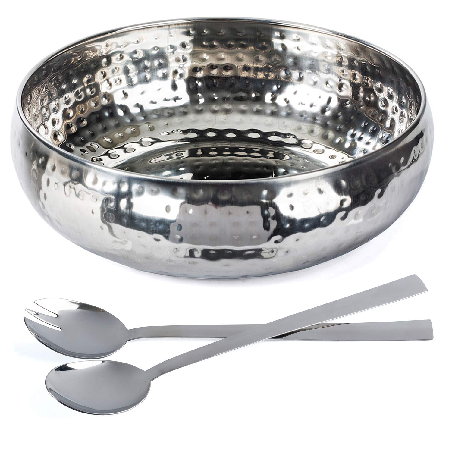 Colleta Home Salad Bowl And Serving Utensils - Hammered Detailing - Stainless Steel Mixing Bowls With Lids- Luxurious Serving Bo