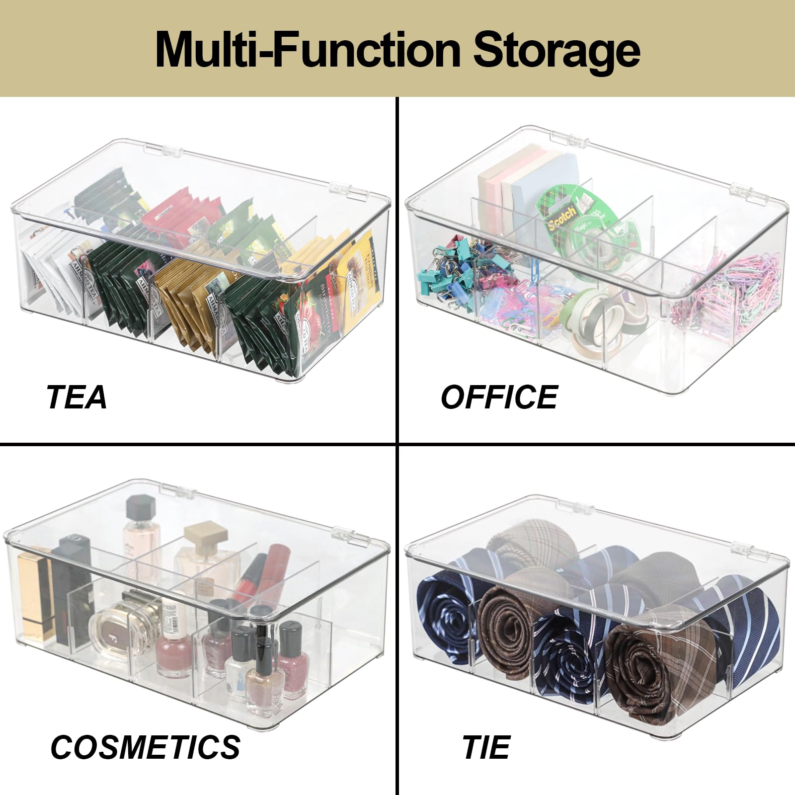 ZEXALOR Clear Tea Bag Organizer, Dresser Organizers Drawer Organzier Storage Container with Removable Dividers, Plastic Storage