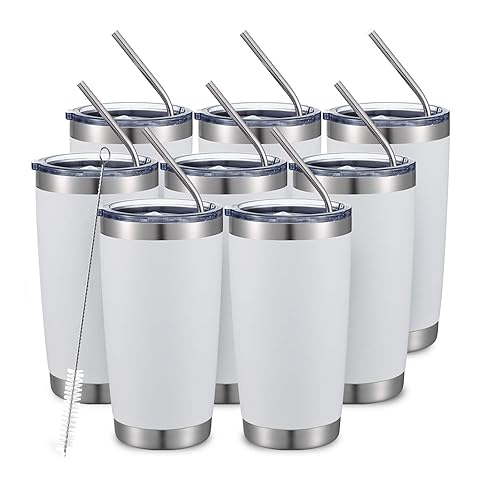 Comooo 20Oz8Pack White Tumbler Double Wall Vacuum Insulated Coffee Travel Mug Stainless Steel Tumbler Bulk With Lid And Straw Po