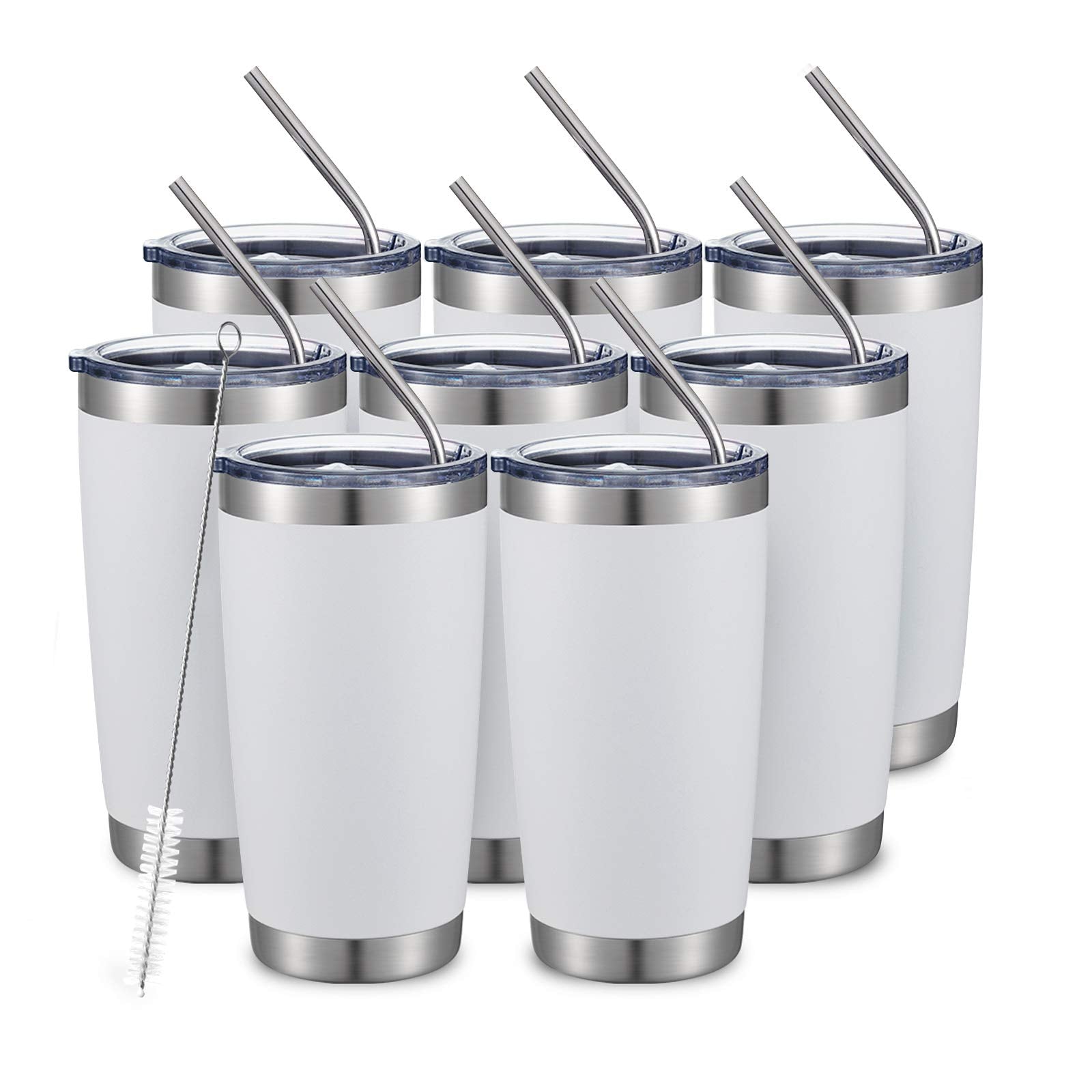 Comooo 20Oz8Pack White Tumbler Double Wall Vacuum Insulated Coffee Travel Mug Stainless Steel Tumbler Bulk With Lid And Straw Po