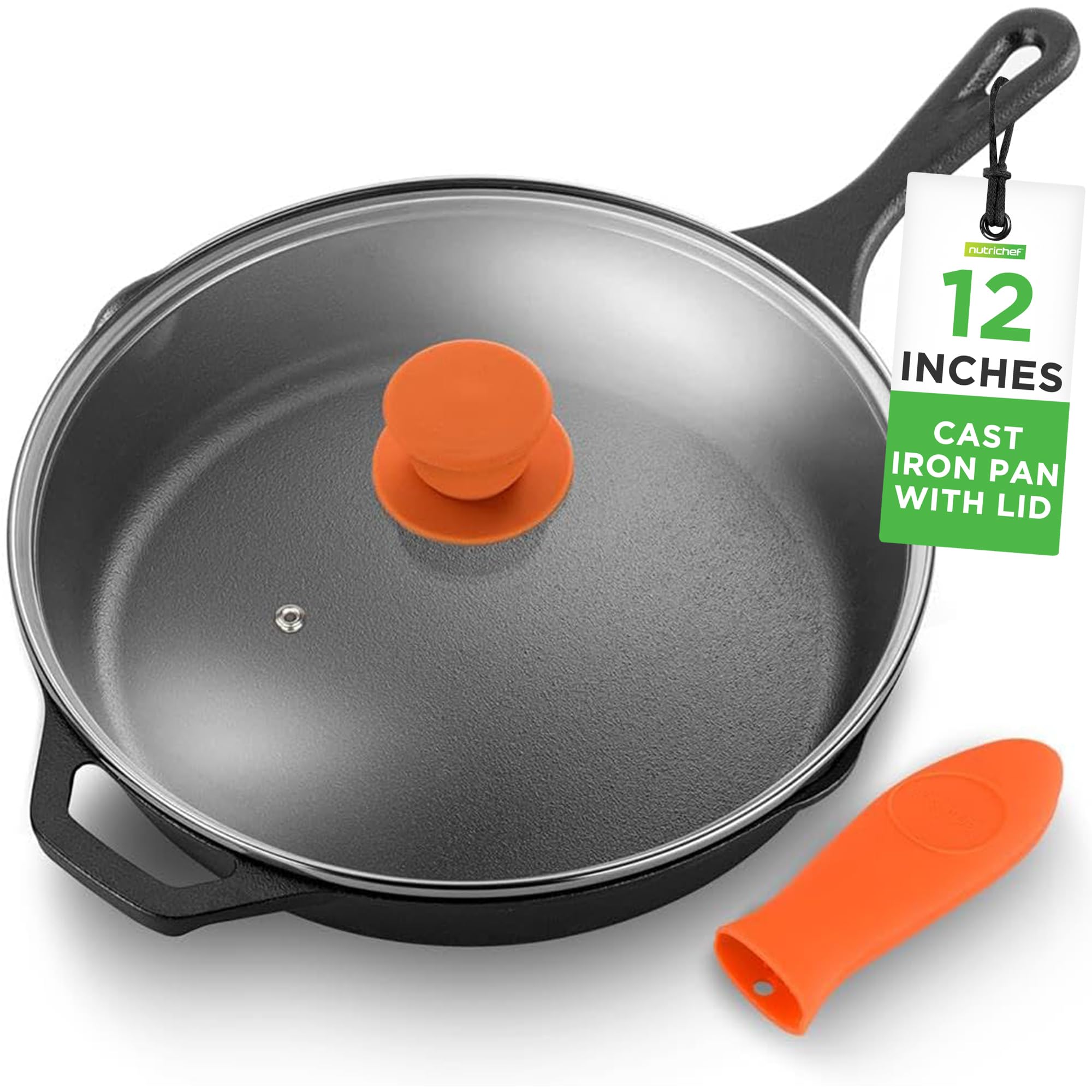 NutriChef 12-Inch Cast Iron Skillet w/Lid - Pre-Seasoned, Oven Safe, Nonstick, Cool-Touch Silicone Handle, For All Cooktops - NC