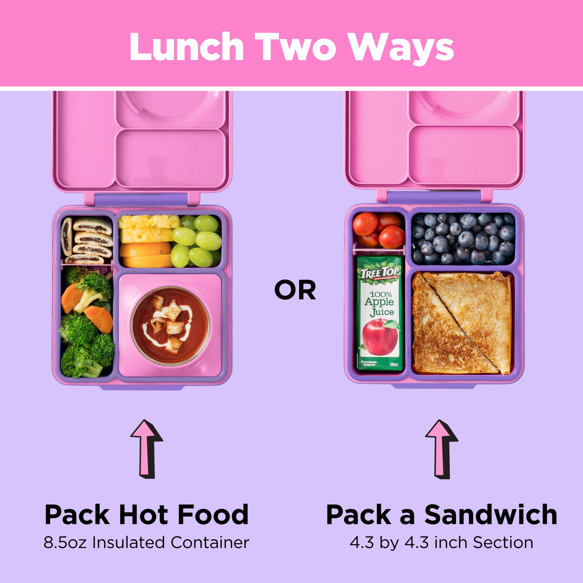 OmieBox Bento Box for Kids - Insulated Bento Lunch Box with Leak Proof Vacuum Insulated Food Jar - 3 Compartments, Two Temperatu