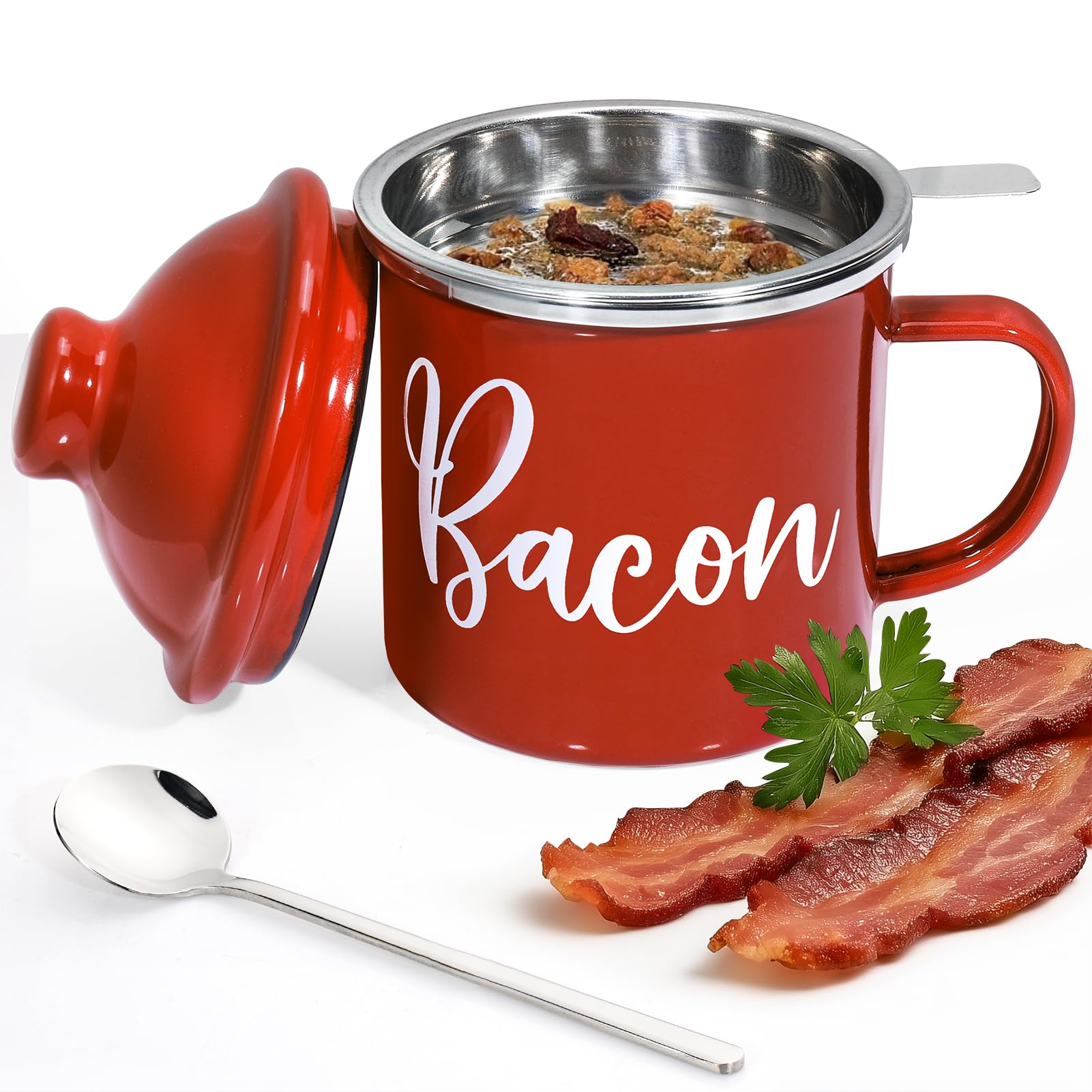 Bacon Grease Saver With Strainer - 15Oz Enamel Grease Container, Farmhouse Bacon Grease Keeper For Kitchen Fat Storage, Dishwash