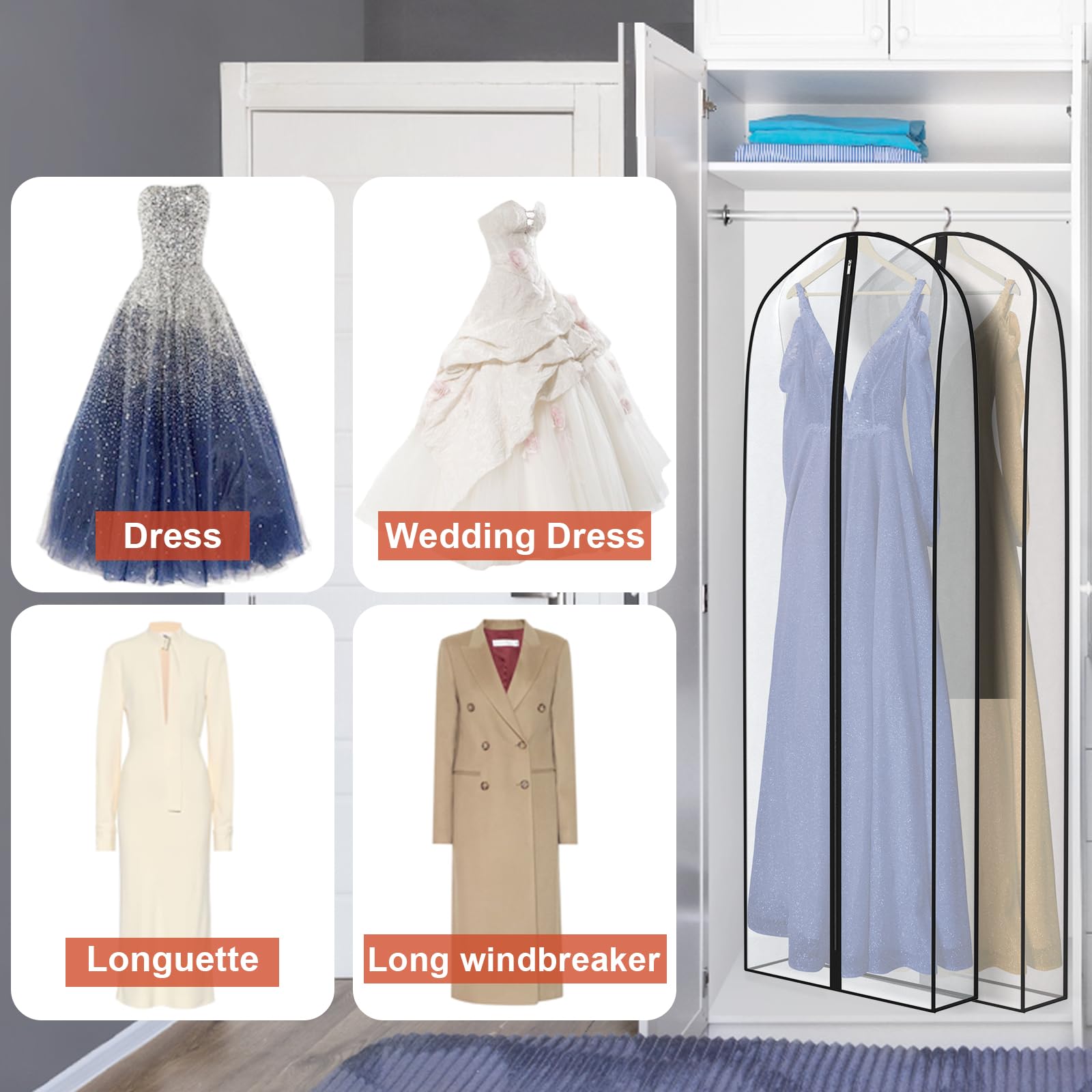 Zilink Breathable Dress Bags For Gowns Long 72    Wedding Dress Storage Bags Silky Dress Bags For Closet Storage With 7'' Gusste