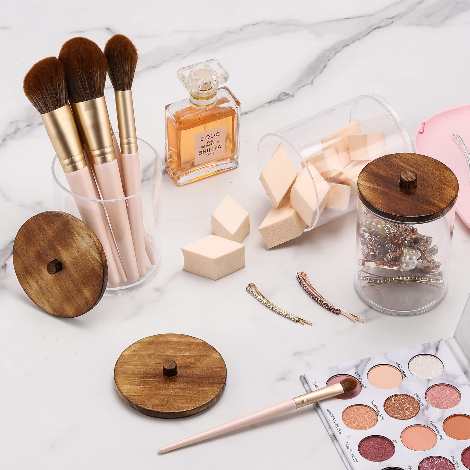 Tbestmax 4 Pack Qtip Holder Dispenser Cotton Ball  Cotton Swab  Floss - 12oz  10 oz Clear Plastic Apothecary Jars for Bathroom Organizer and Storage Containers (Black Wood Lids)