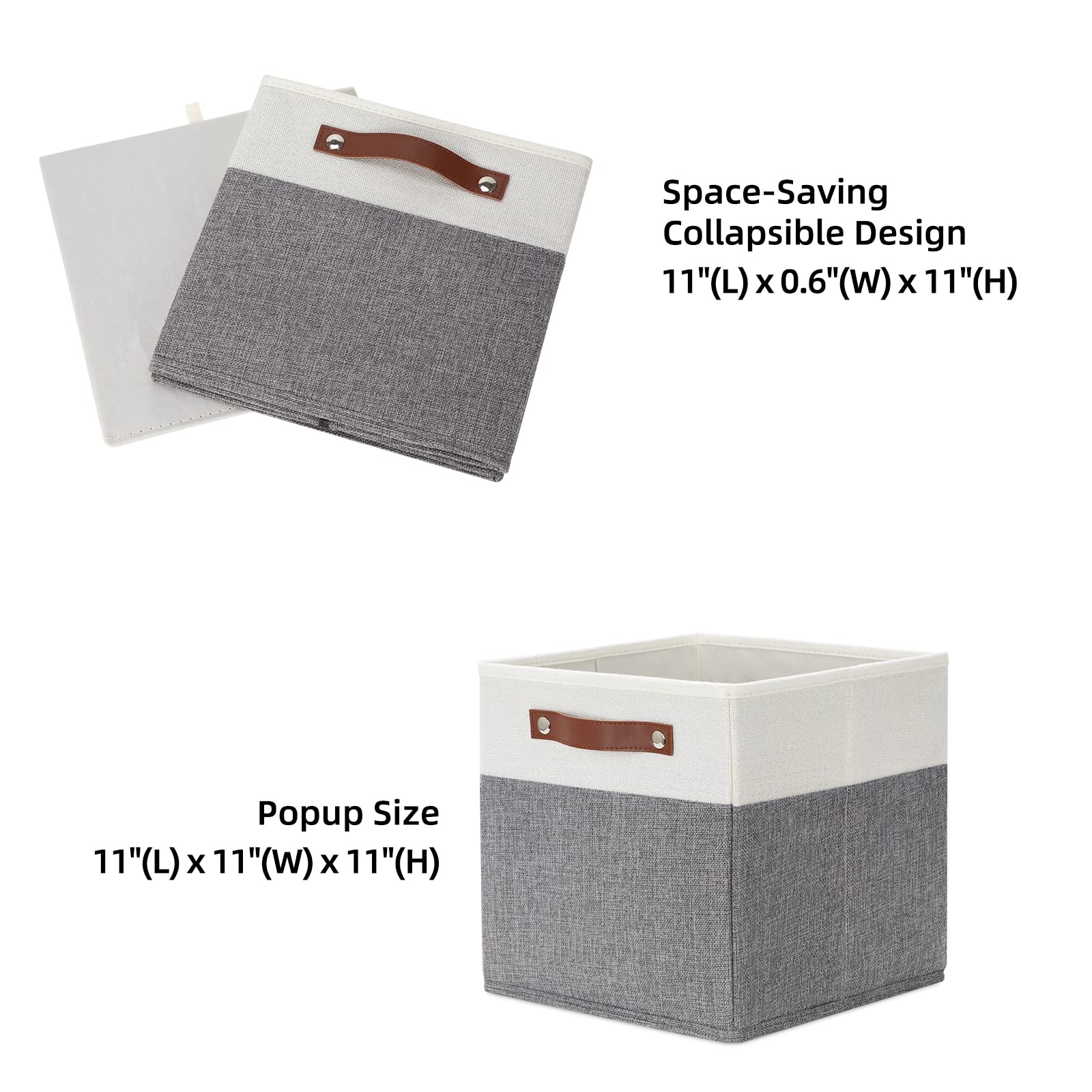 HNZIGE Fabric Cube Storage Bins Baskets 11x11 Cube Storage Bins  Set of 4  Foldable Storage Cube Bin Baskets for Shelves with Handles  Bins for Cube Organizer Home Toy Nursery Closet(White Gray)