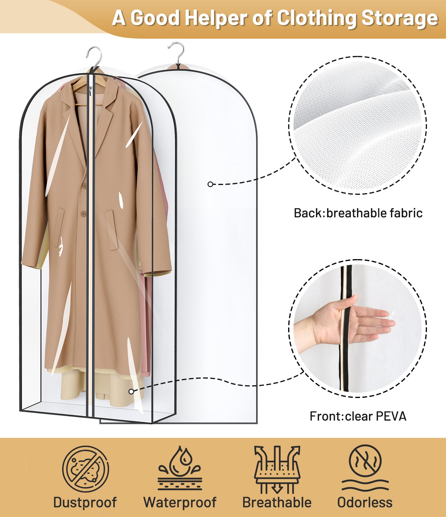 Misslo 50'' Clear Garment Bags For Hanging Clothes 4'' Gusseted Long Dress Bags For Closet Storage Breathable Dress Cover For Su
