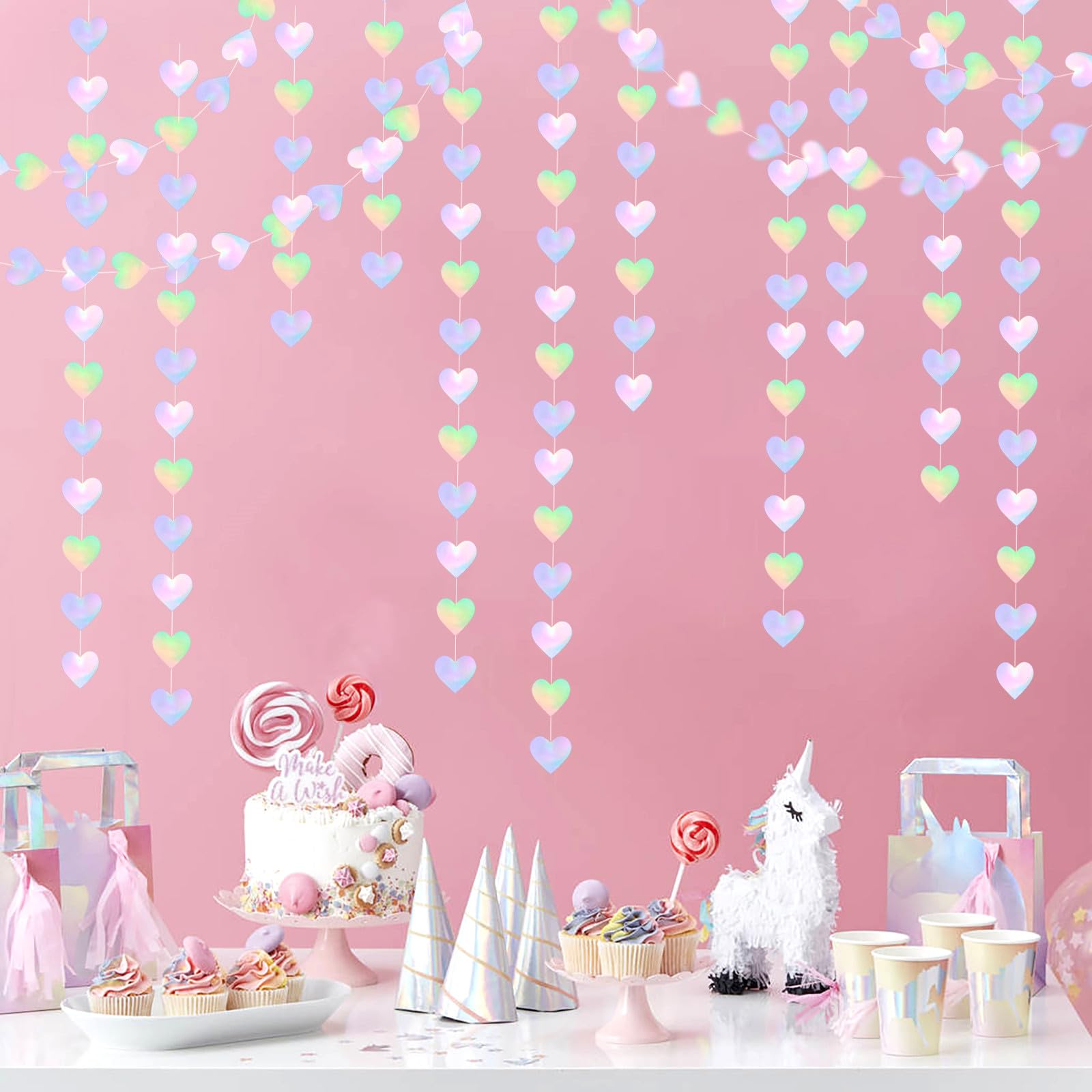 Panduola Iridescent Disco-Holographic Heart Garland - 52Ft Wedding Hanging Decoration Neon Streamers Banner, Perfect for Bridal