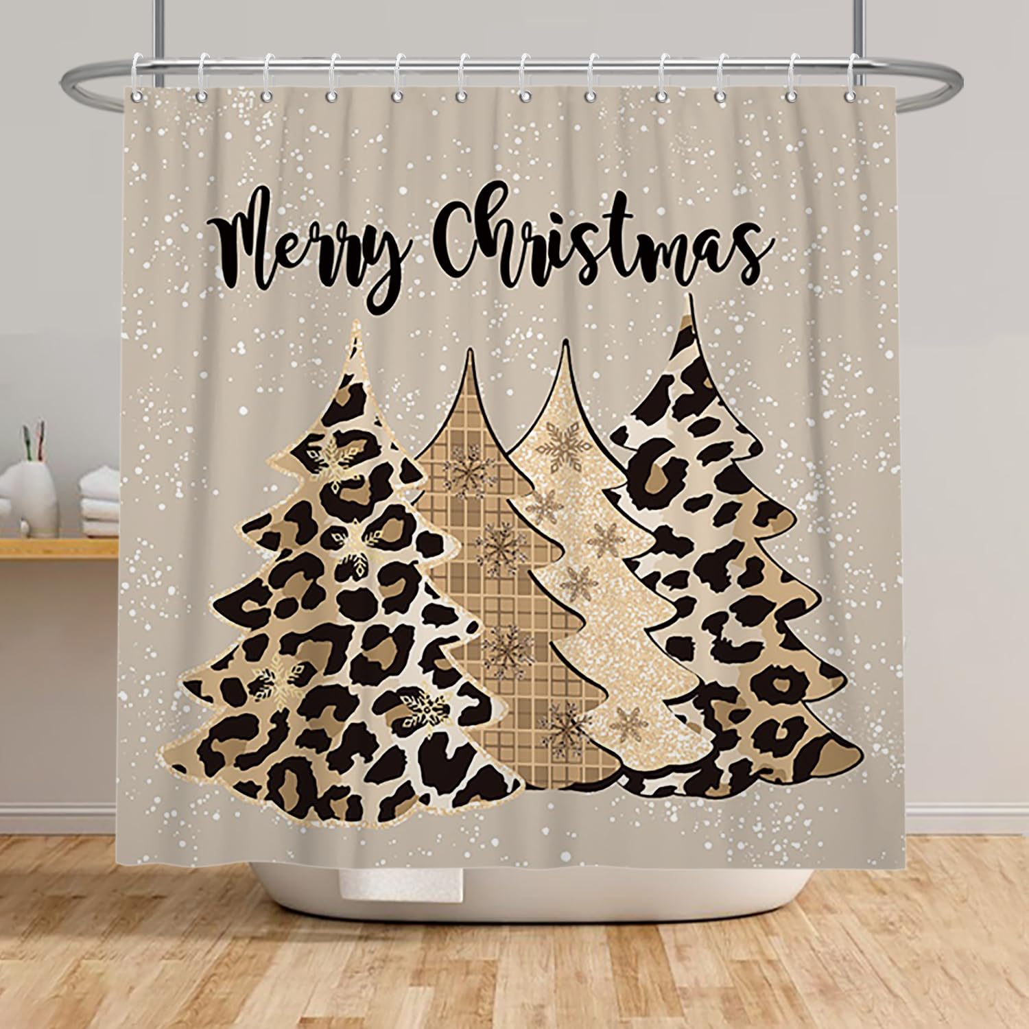 Leowefowa Leopard Christmas Tree Shower Curtain Winter Pine Tree Snowflake Shower Curtain For Holiday Farmhouse Bathtub Bathroom