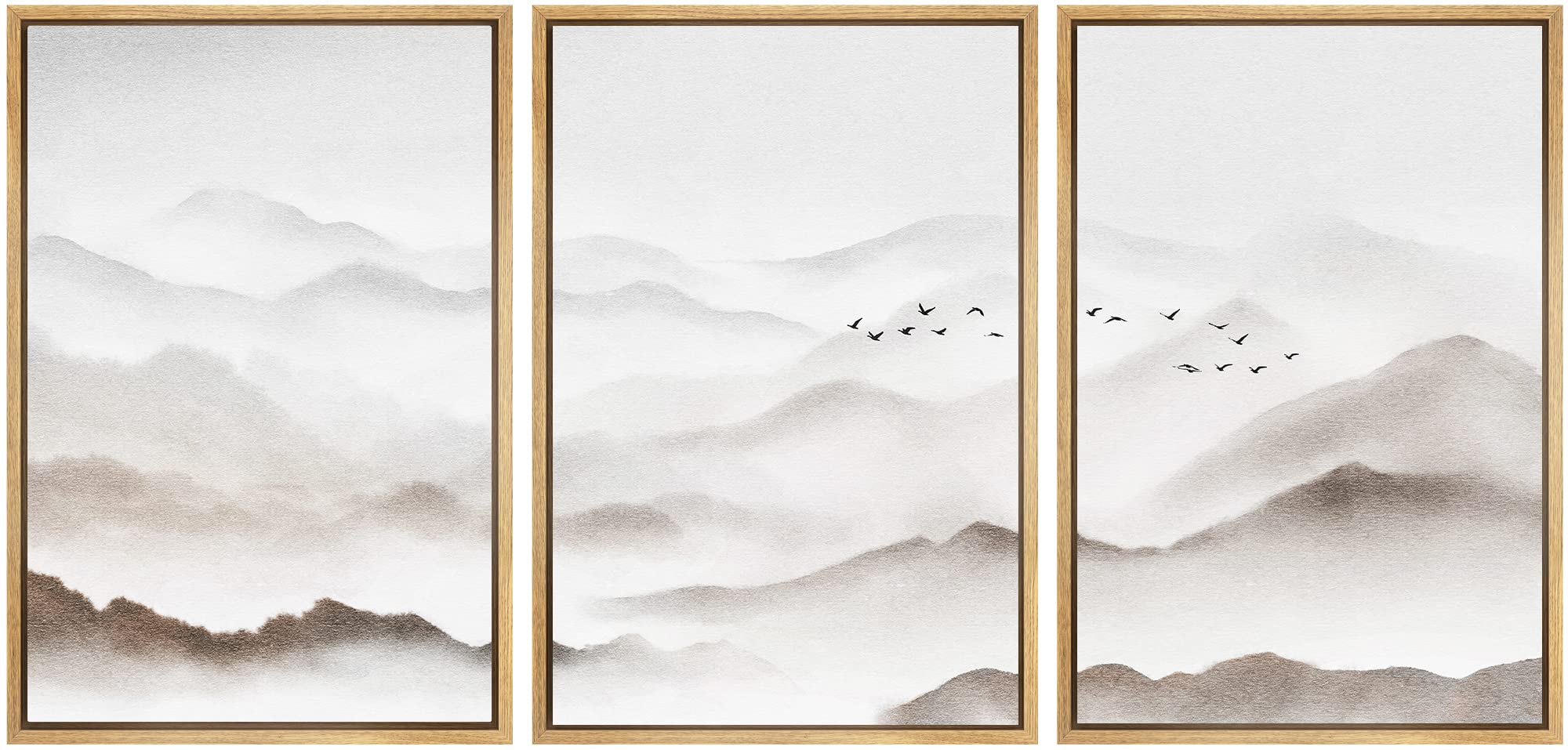 Signwin Framed Canvas Print Wall Art Set Foggy Watercolor Mountain Range Sky Nature Wilderness Illustrations Modern Art Decorati