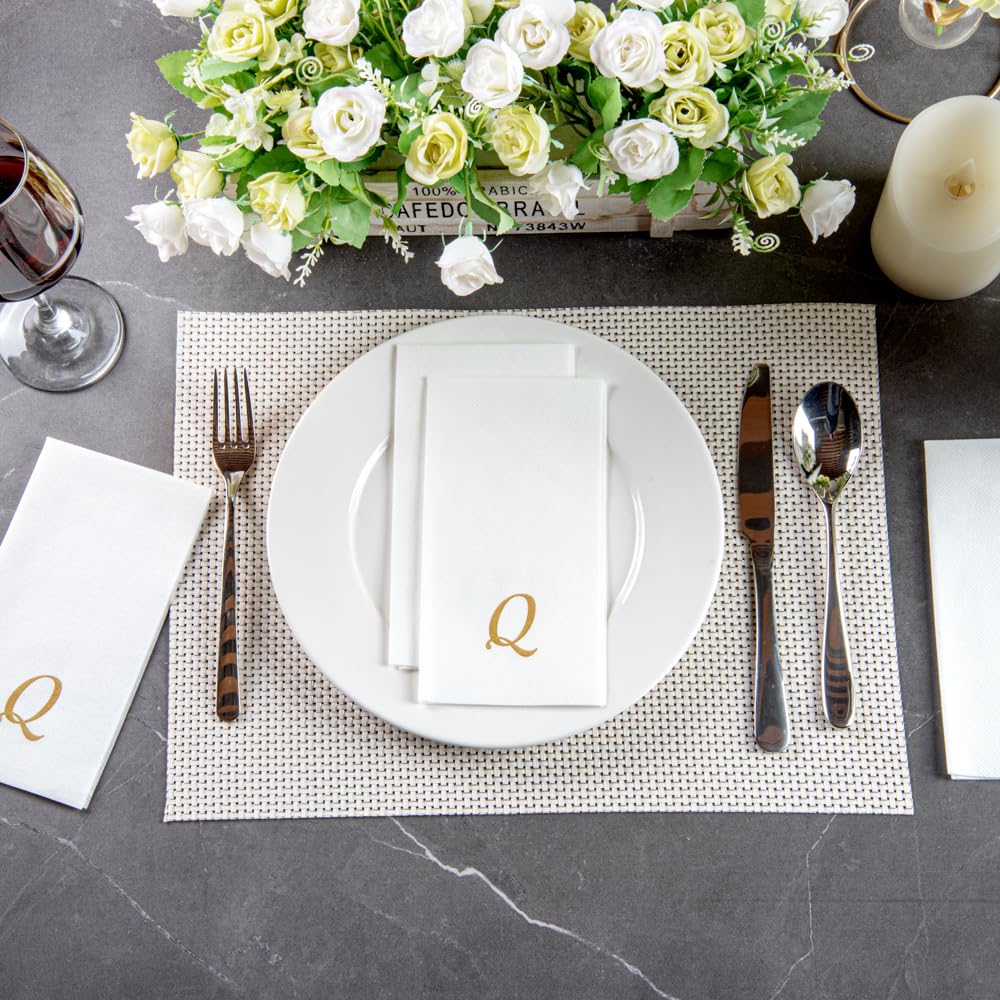 Luxenap 15.8 X 7.9 Inch Linen-Feel Guest Towels, 50 Lettered Hand Towels - Gold Letter 'Q', Cursive Font, White Paper Dinner Nap
