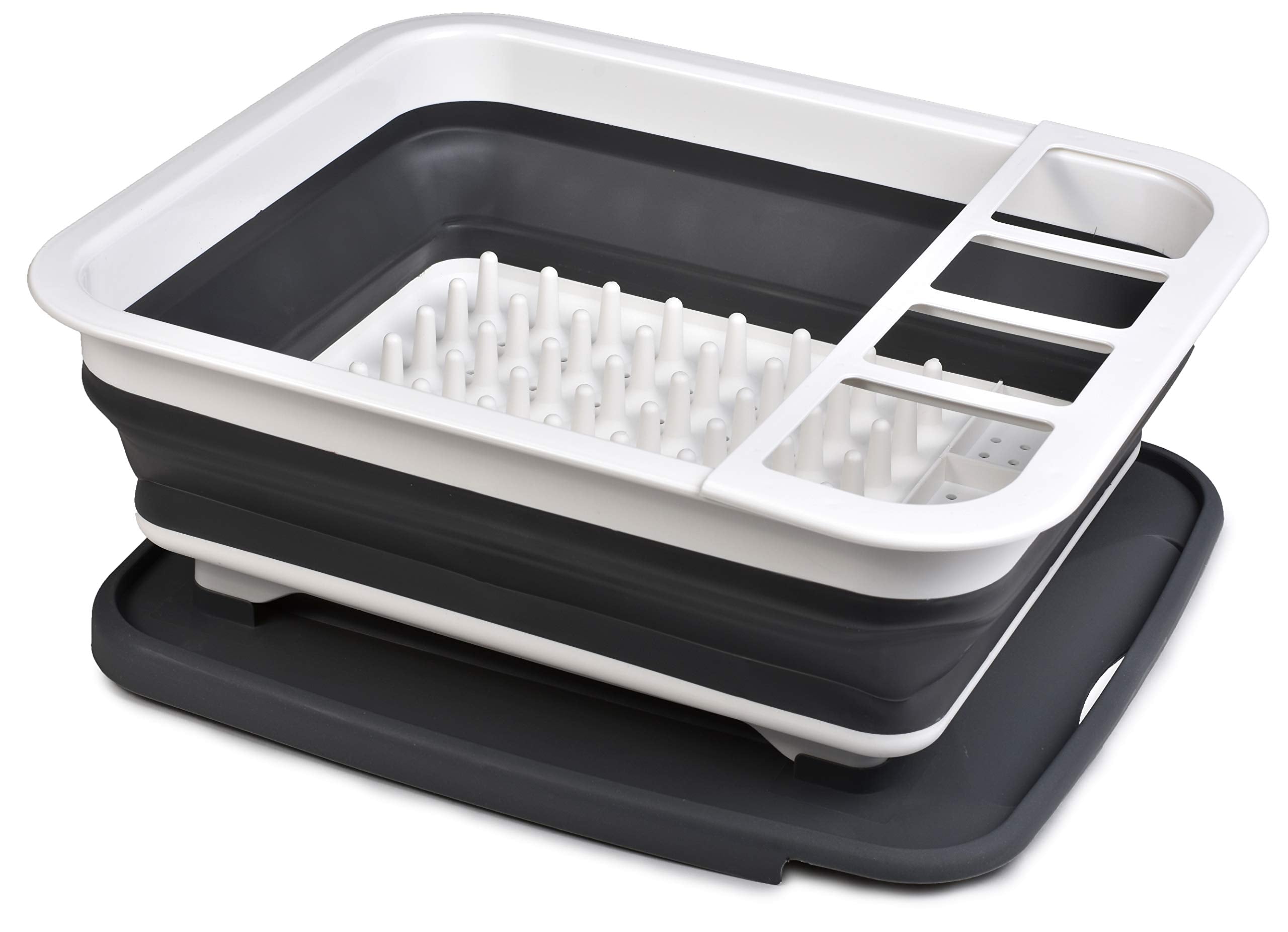 Masirs Pop-Up Collapsible Dish Drying Rack: Convenient Storage, Drains into Sink, Eight Large Plate Capacity, Sectional Cutlery 
