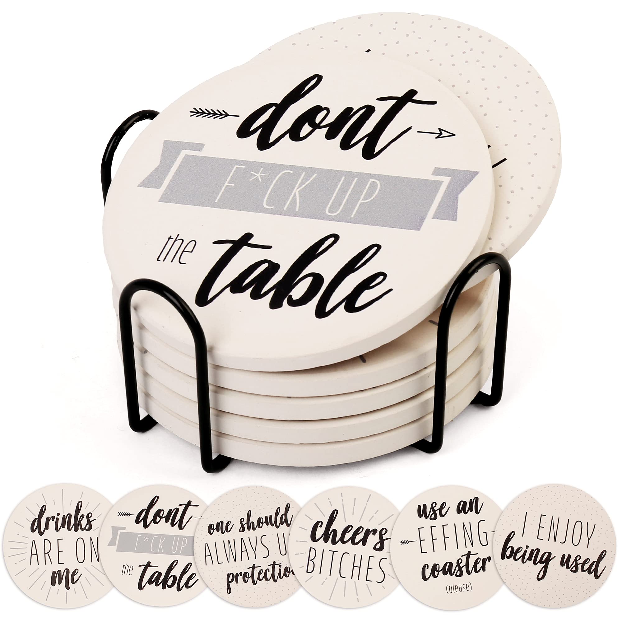 Lotfancy Funny Coasters For Drinks Absorbent With Holder, 6Pcs Ceramic Coasters With Cork Base, Round Coasters With 6 Sayings, N