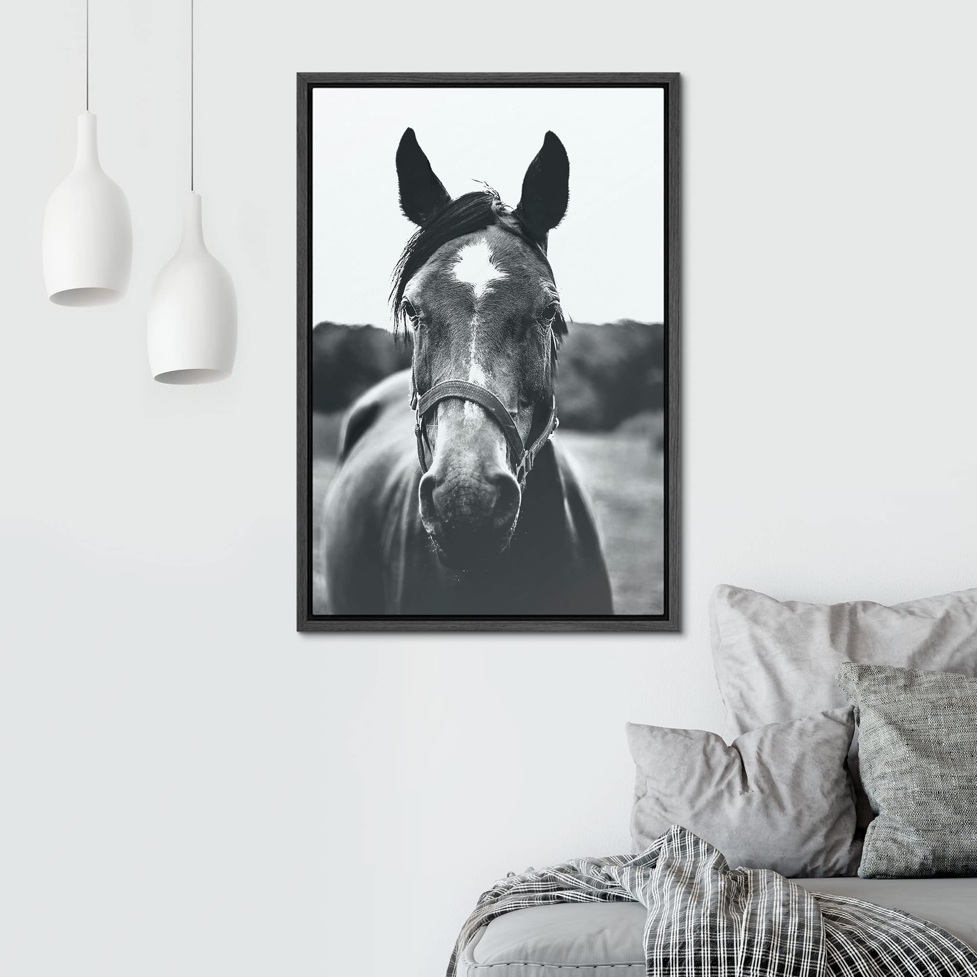 SIGNWIN Framed Canvas Wall Art High Contrast Horse Animals Black and White Duotone Expressive Grey Horse Living Room Photography Rustic - 16''x24'' BLACK