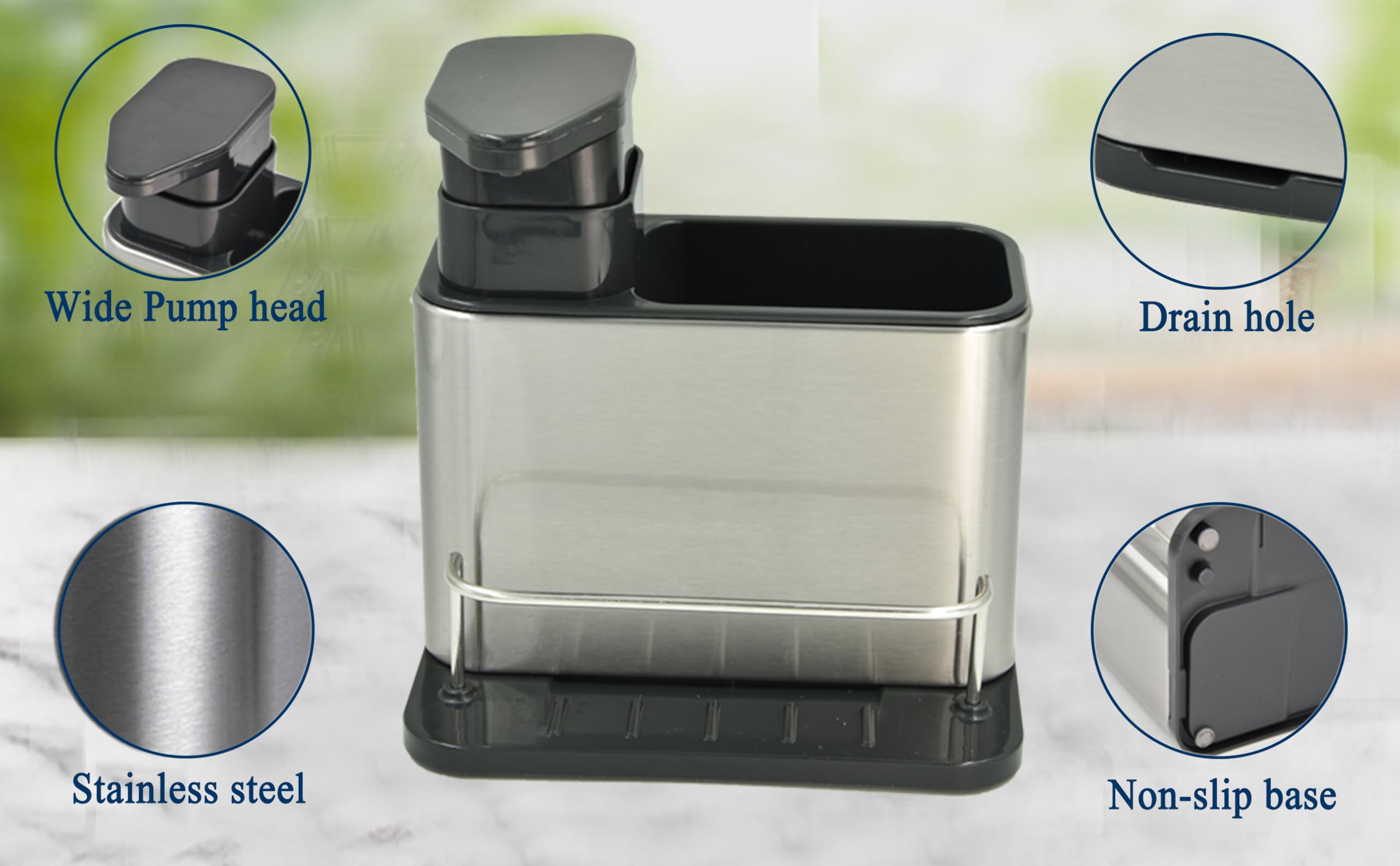 Wskc Soap Dispenser With Sponge Holder And Brush Holder, Kitchen Dish Soap Pump Sink Caddy For Countertop, Stainless Steel