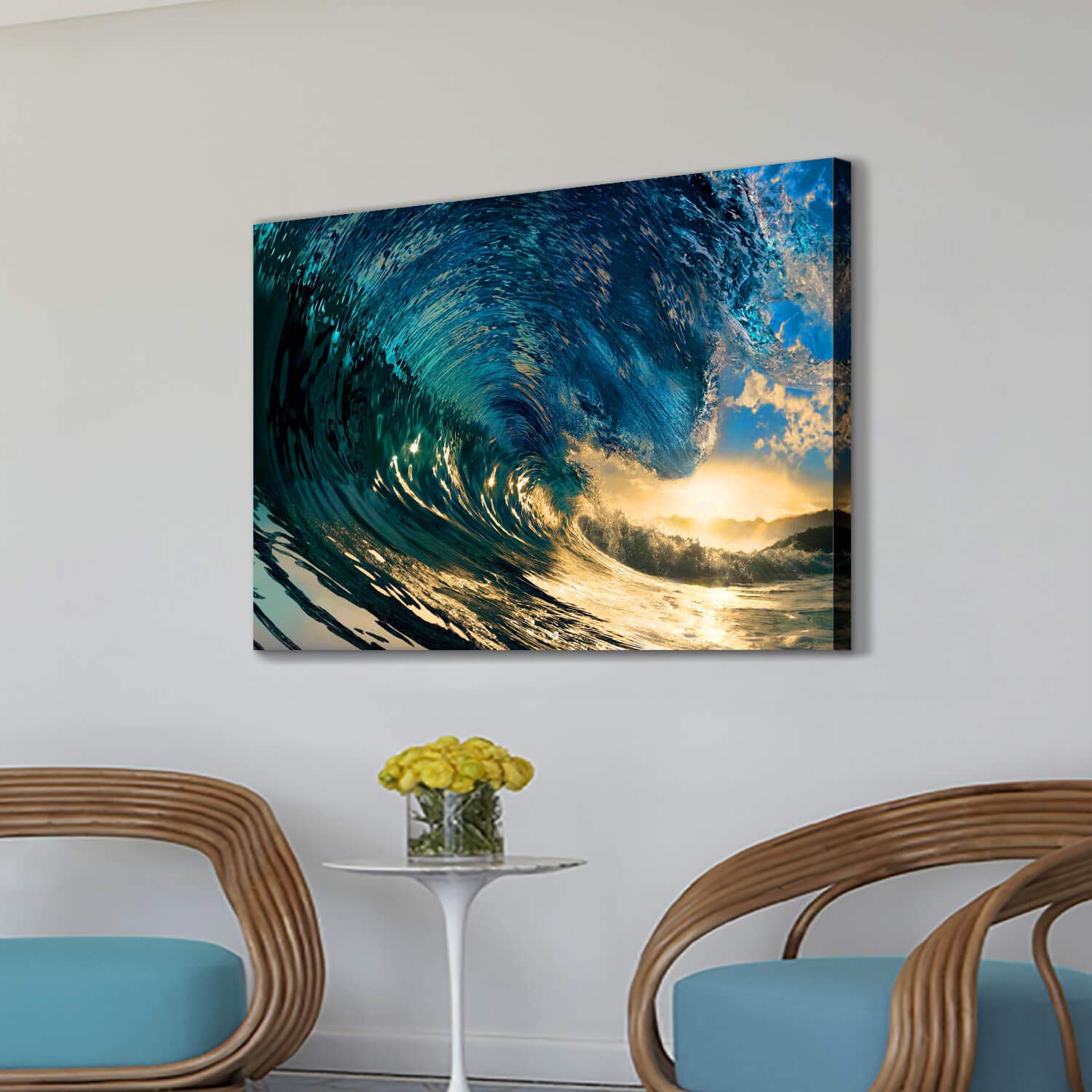 Ocean Wave Canvas Wall Art: Stunning Sunset Seascape Artwork Painting Print On Canvas For Living Room (45'' X 30'' X 1 Panel)