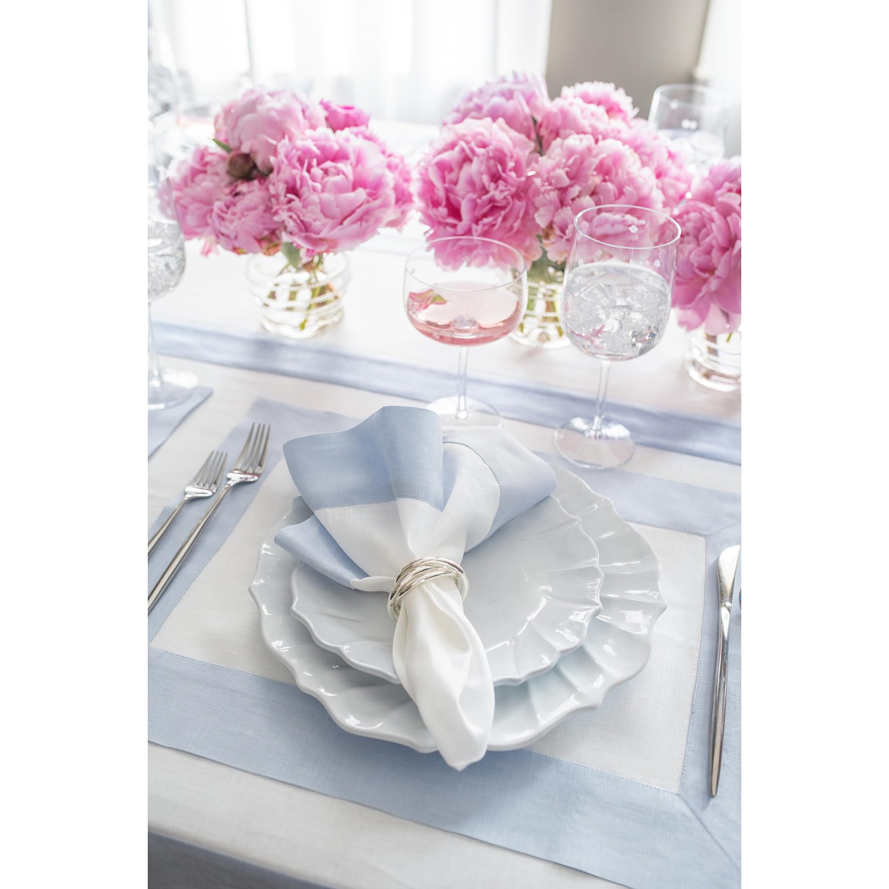 Solino Home Linen Placemats Set Of 4-100% Pure Linen Cloth Fabric Placemats Light Blue And White - 19'' L X 14'' W Inch Washable