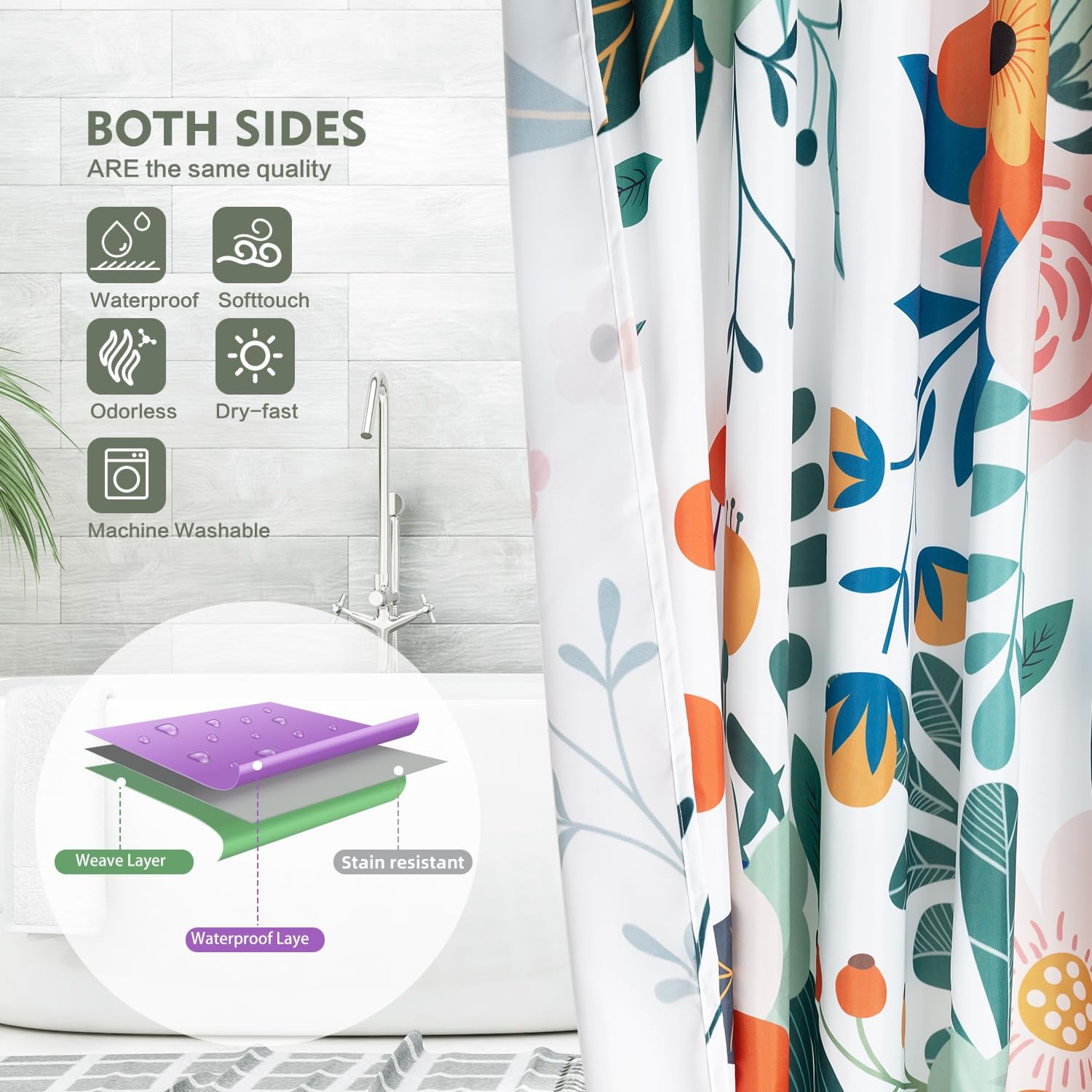 Lokigo Shower Curtain Floral Waterproof Weighted Fabric Shower Curtain Set With Hooks, Colorful Boho Orange Pink Flower Shower C