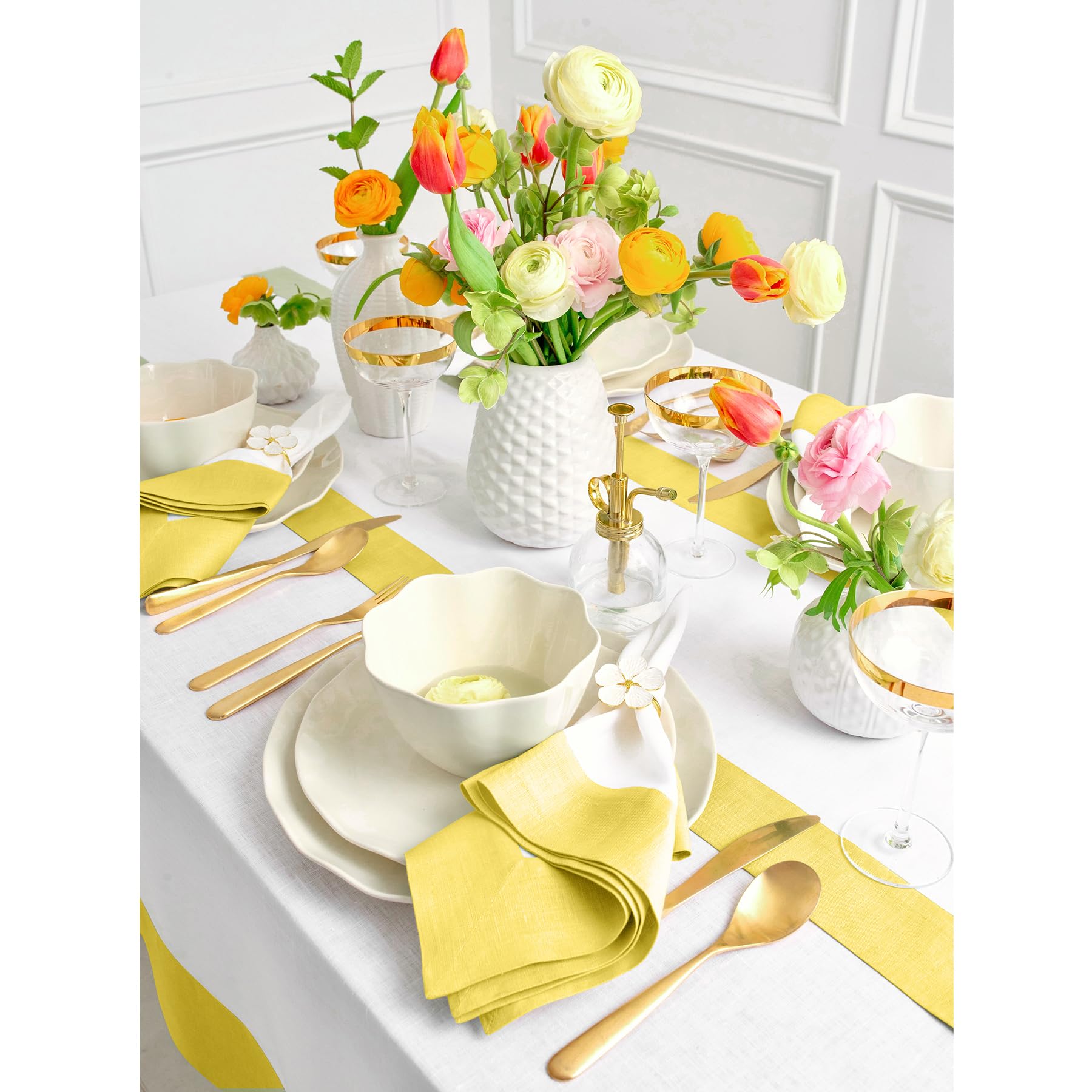 Solino Home Linen Placemats Set Of 4-100% Pure Linen Cloth Fabric Placemats Sunshine Yellow And White - 19'' L X 14'' W Inch Was