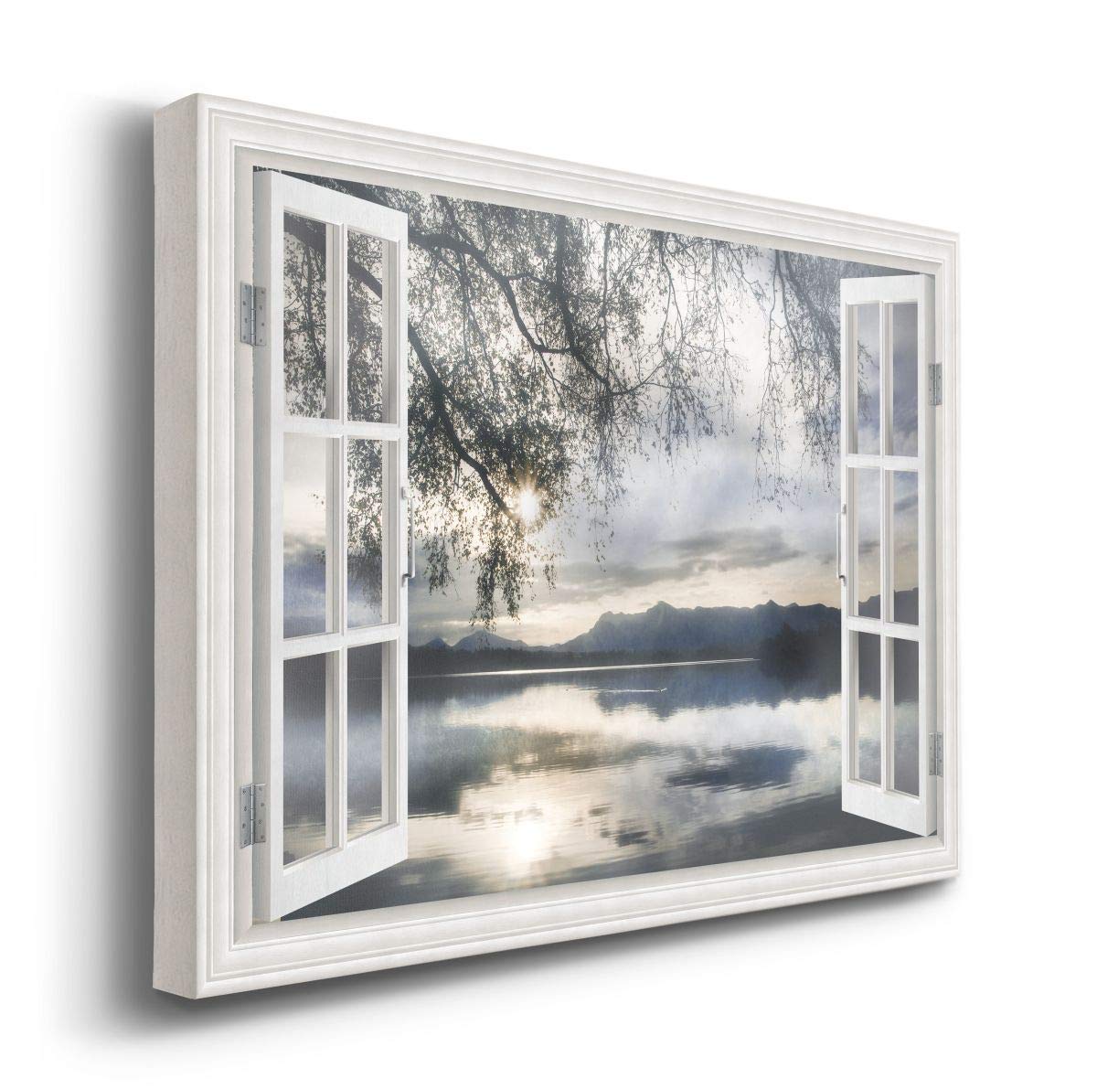 Renditions Gallery Canvas Nature Wall Art Home Paintings & Prints Serene Mountain Lake Reflection Modern Winter Window View Wall